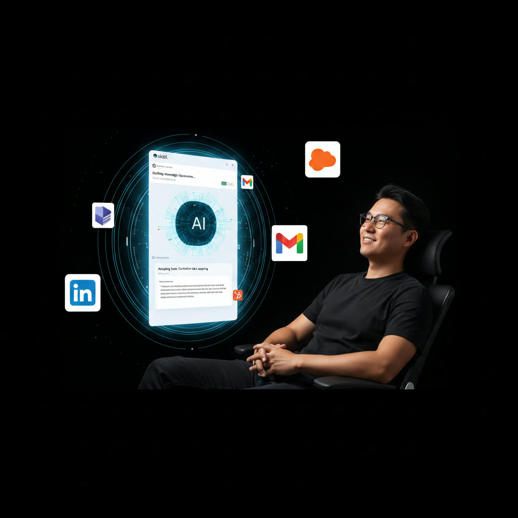 A futuristic interface showing an AI assistant seamlessly crafting personalized messages, with a human user looking relaxed and overseeing the process. The AI should have elements that suggest it's adapting to the user's 'voice' or brand, perhaps visually represented by a unique color palette or style.