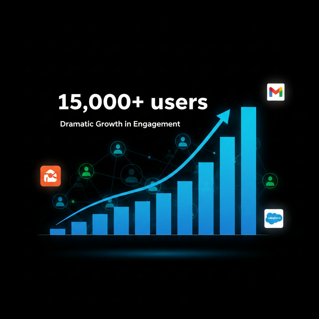 A graph or chart showing a dramatic increase in user numbers or positive engagement metrics, with '15,000+ users' prominently displayed, perhaps with a backdrop of happy, connected individuals.