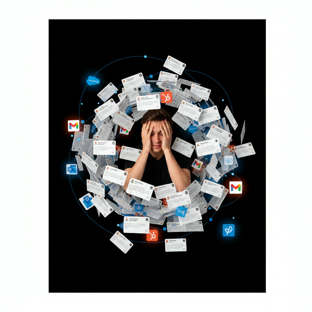A person drowning in a sea of generic, identical emails and social media posts, looking overwhelmed and frustrated. This should symbolize the challenge of generic communication.