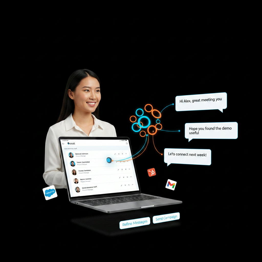A futuristic, friendly AI assistant collaboratively working with a human, perhaps a marketing or sales professional. The AI is helping to craft personalized messages, represented by glowing lines connecting the AI to various unique message bubbles. This highlights the Skail.ai solution.