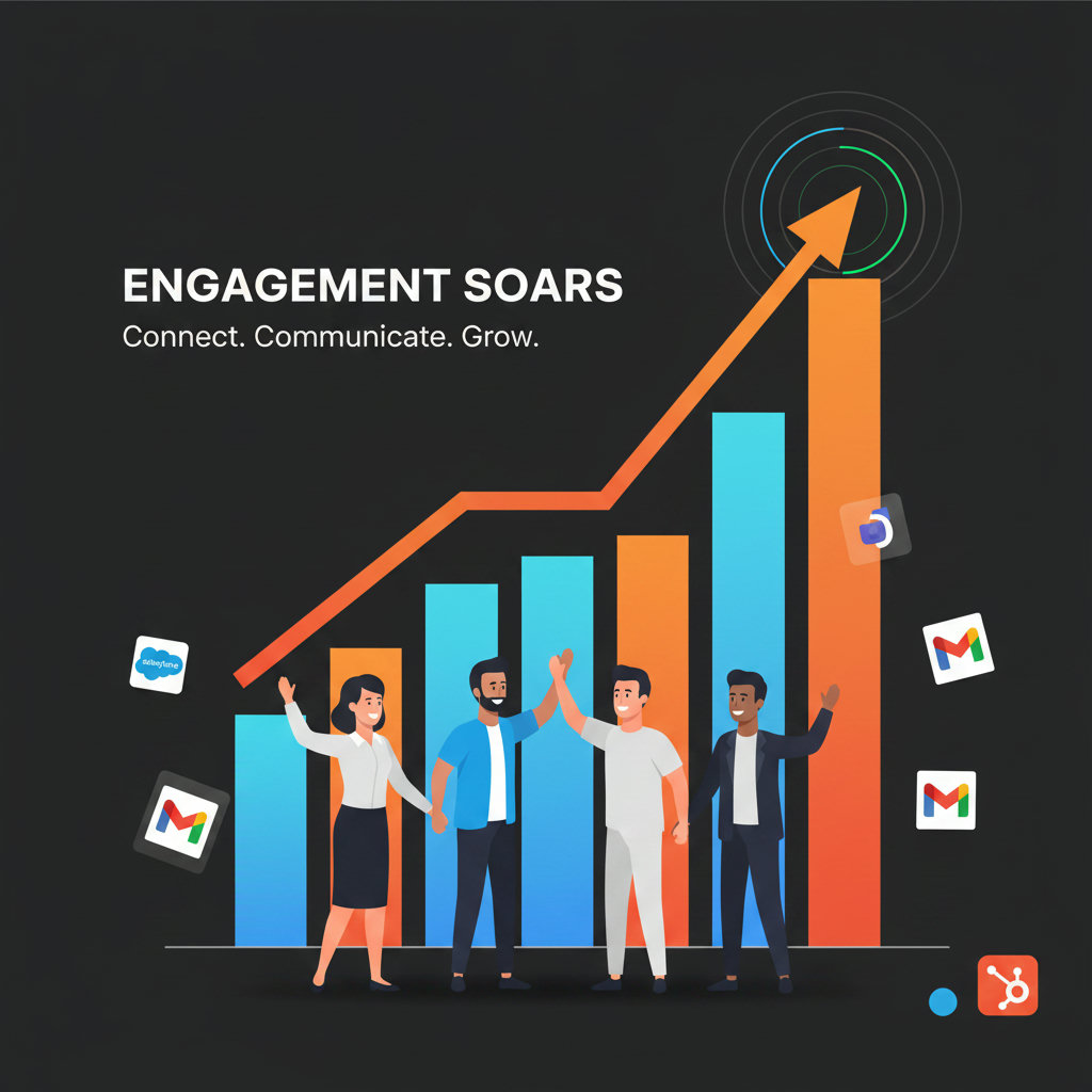 A visual metaphor showing a significant increase in engagement. This could be represented by a bar graph with a dramatic upward trend, or a person confidently reaching out and connecting with many others, all with positive expressions.