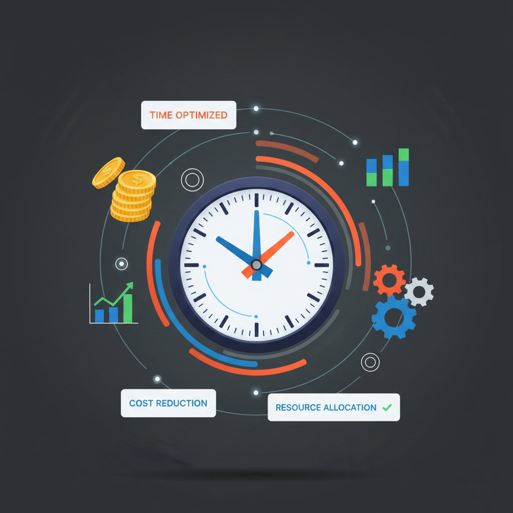 A clock with extra hands or a person effortlessly managing many tasks at once, symbolizing time efficiency. Surrounding elements could depict monetary savings and optimized resource allocation.