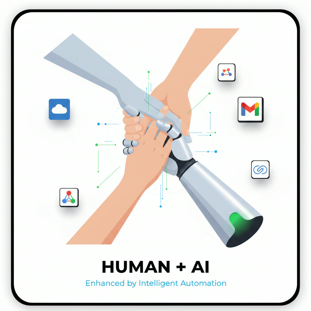 A visual representation of the concept where AI and automation are depicted as hands working collaboratively with human hands, symbolizing synergy rather than replacement. The image should convey a sense of partnership and mutual enhancement in the workplace.