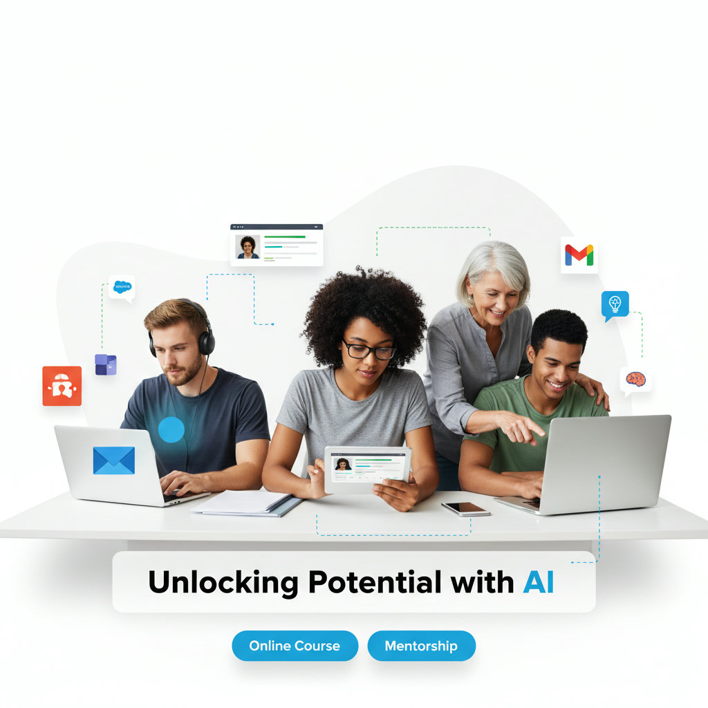 An image illustrating a diverse group of individuals engaged in various learning activities, such as online courses, workshops, and mentorship sessions. This should highlight the accessibility and varied approaches to reskilling and upskilling in the age of AI. Focus on visual elements that suggest growth and continuous learning.