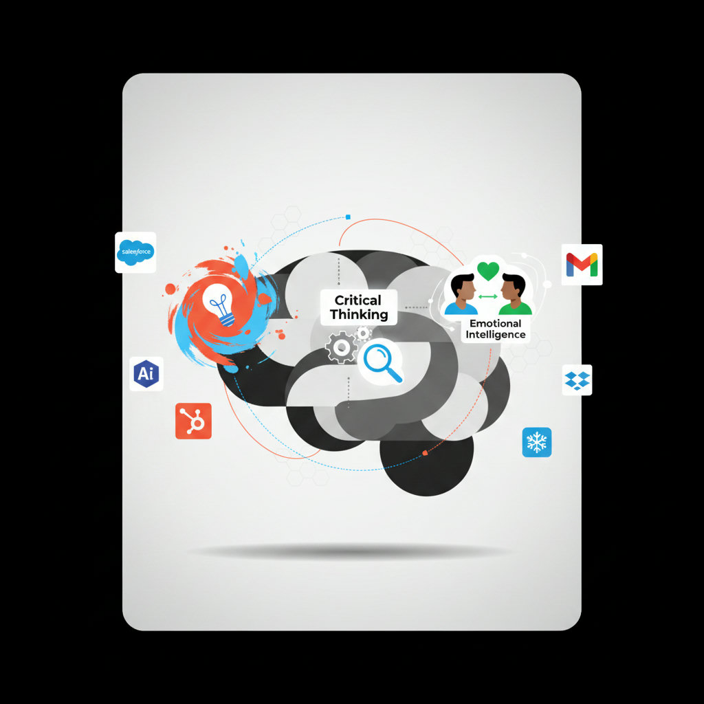 A creative visualization of essential human-centric skills like creativity, critical thinking, and emotional intelligence. This could be represented by interconnected brain-like structures, artistic elements, or diverse people collaborating, emphasizing their importance alongside technical AI skills.