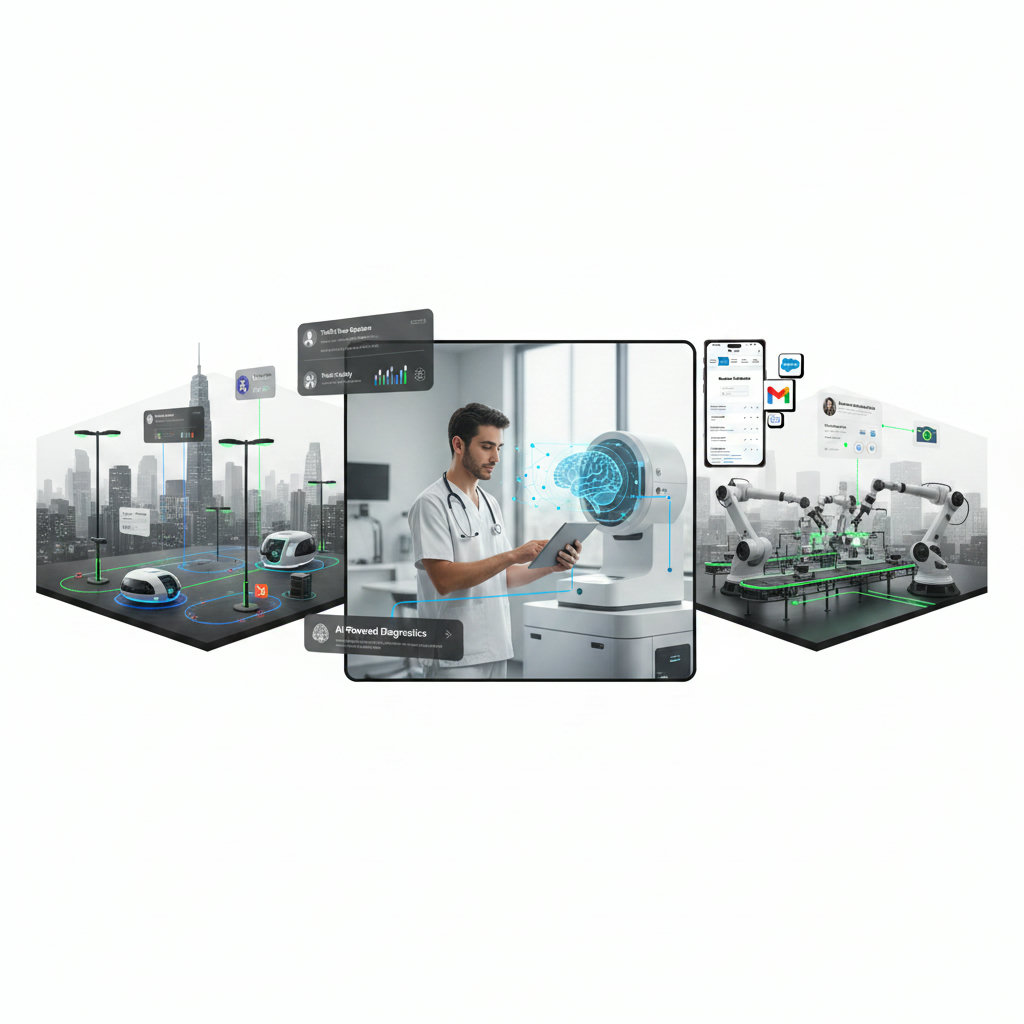 An image demonstrating the real-world applications of AI across various industries, such as a smart city, a healthcare setting with AI diagnostics, or a factory with automated processes. The image should show AI seamlessly integrated into daily operations, making processes smarter and more efficient.