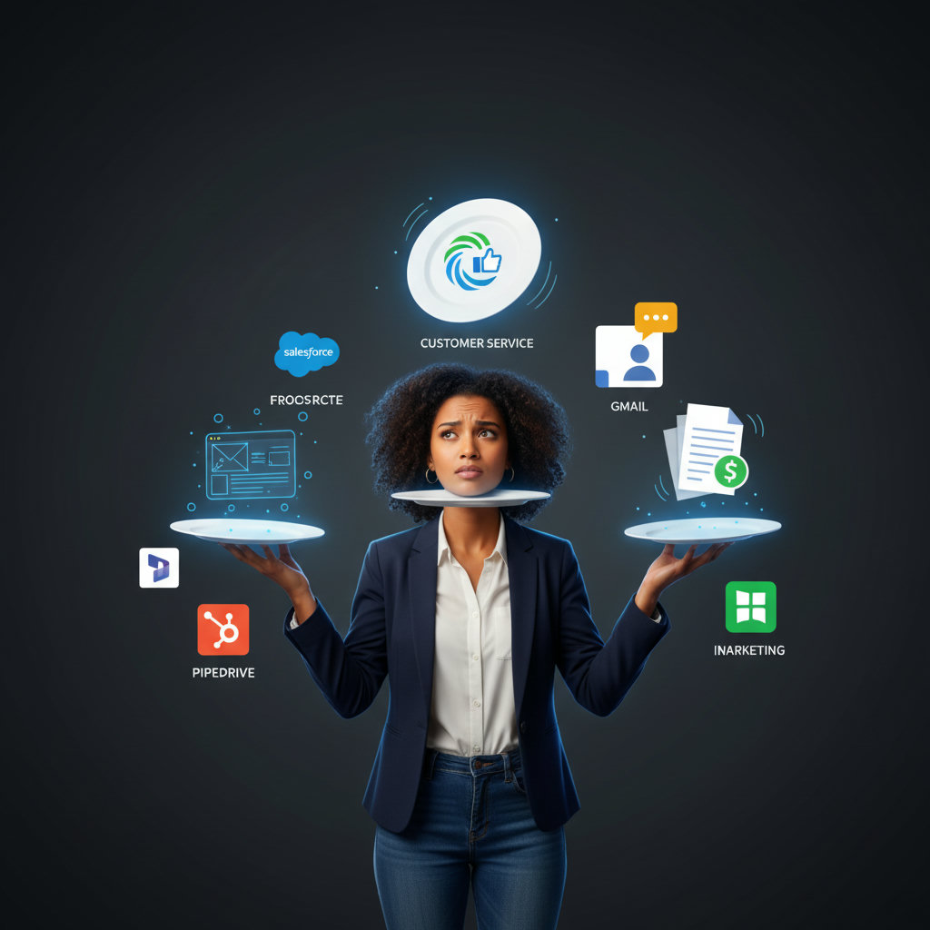 A small business owner juggling multiple tasks like product development, customer service, and invoices, with marketing feeling like another precarious plate. This image should convey the feeling of being overwhelmed but determined.