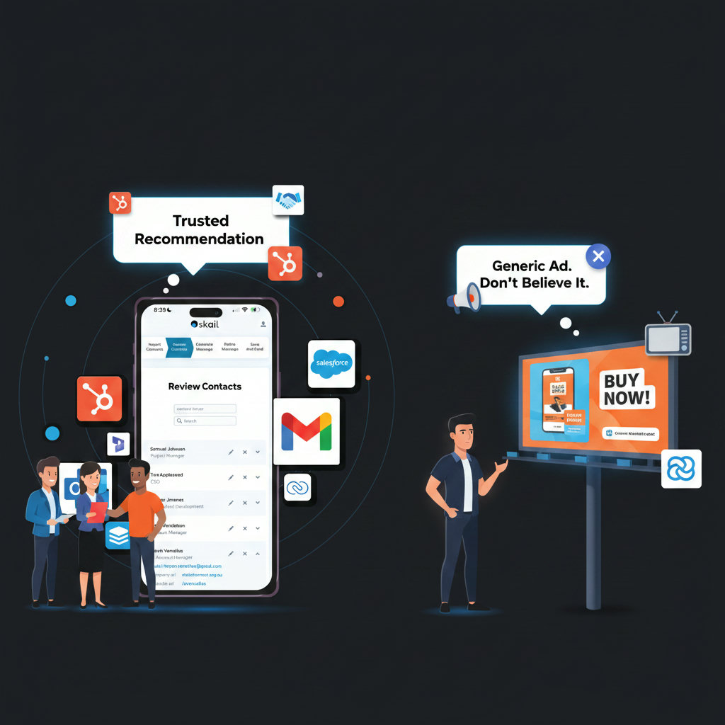 A visual representation of the concept of 'earned media' where recommendations from friends and family (represented by employees) are trusted more than traditional advertisements. Perhaps a thought bubble above consumers showing trust in personal recommendations versus skepticism towards a generic ad.