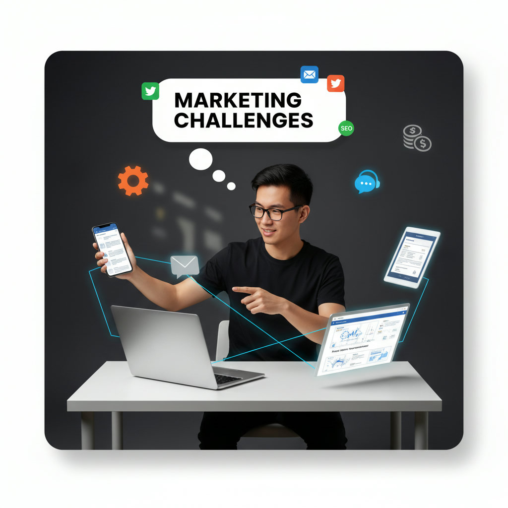 A small business owner juggling multiple tasks like product development, customer service, and invoices, with a thought bubble of marketing challenges above their head.