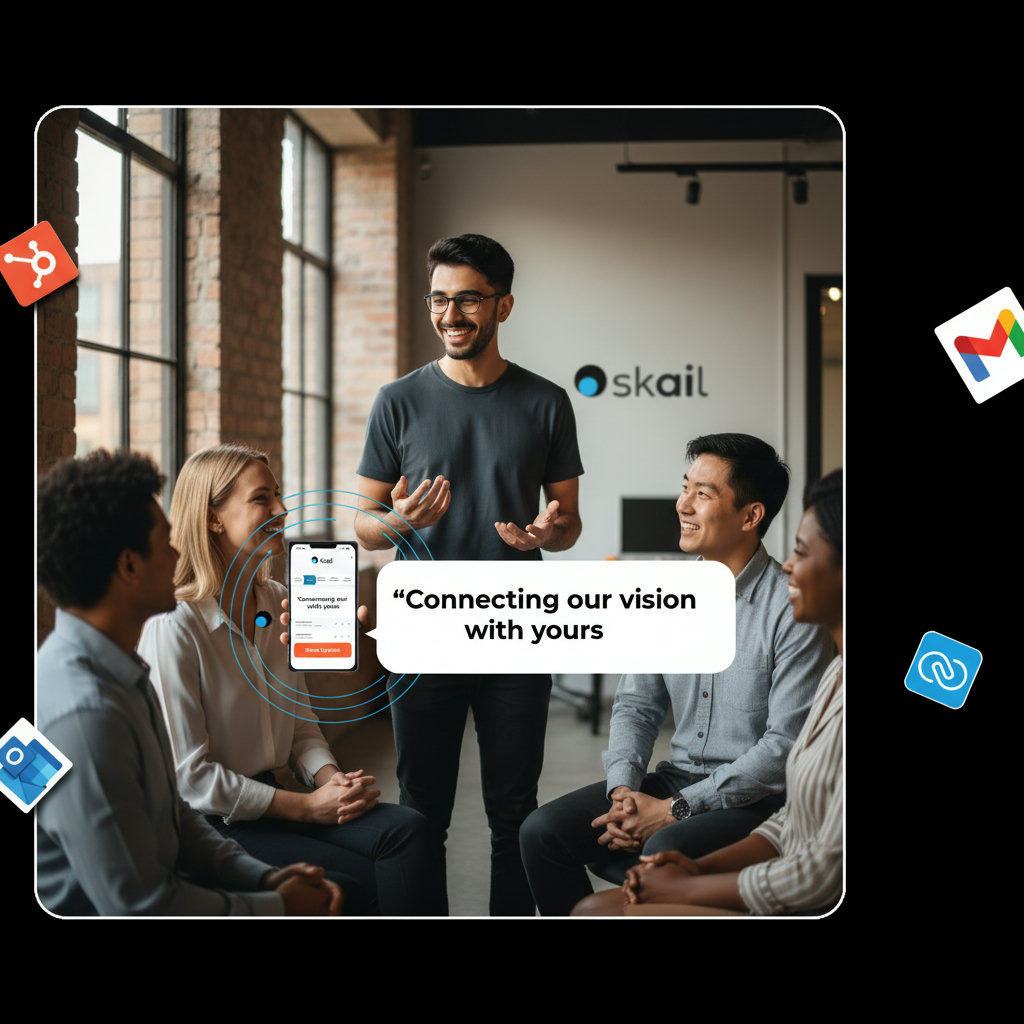 A visual representation of an employee acting as an authentic voice for the brand, perhaps speaking to a small group of people, with the company logo subtly integrated.