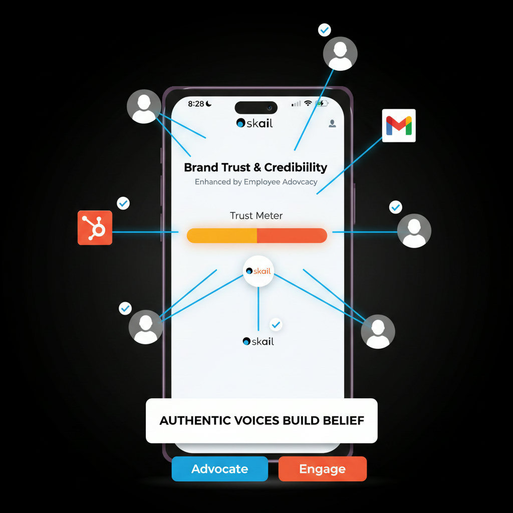 A graphic illustrating how employee advocacy leads to enhanced brand trust and credibility, perhaps with a visual of a growing trust meter or interconnected network of people trusting the brand.