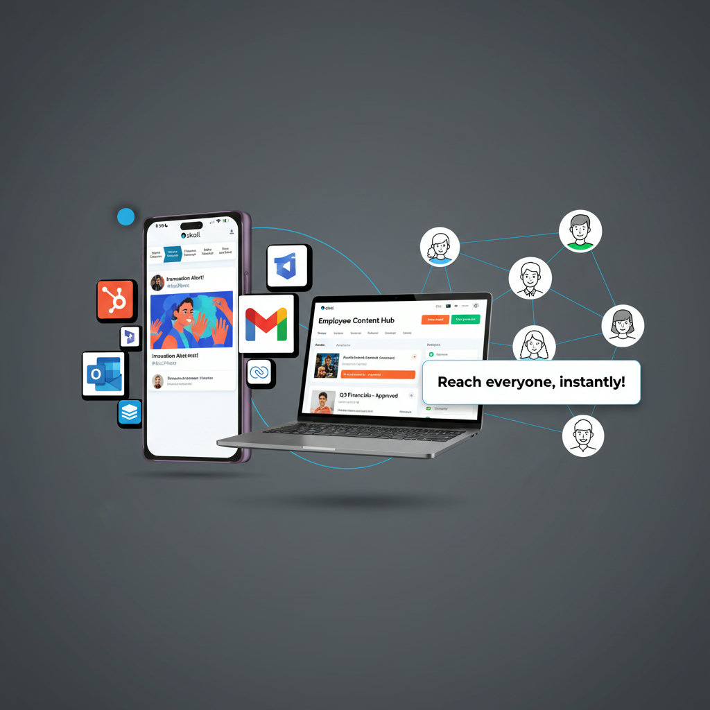 An image depicting various tools for seamless sharing, such as a mobile phone displaying a social media post, and a platform that simplifies content distribution for employees.