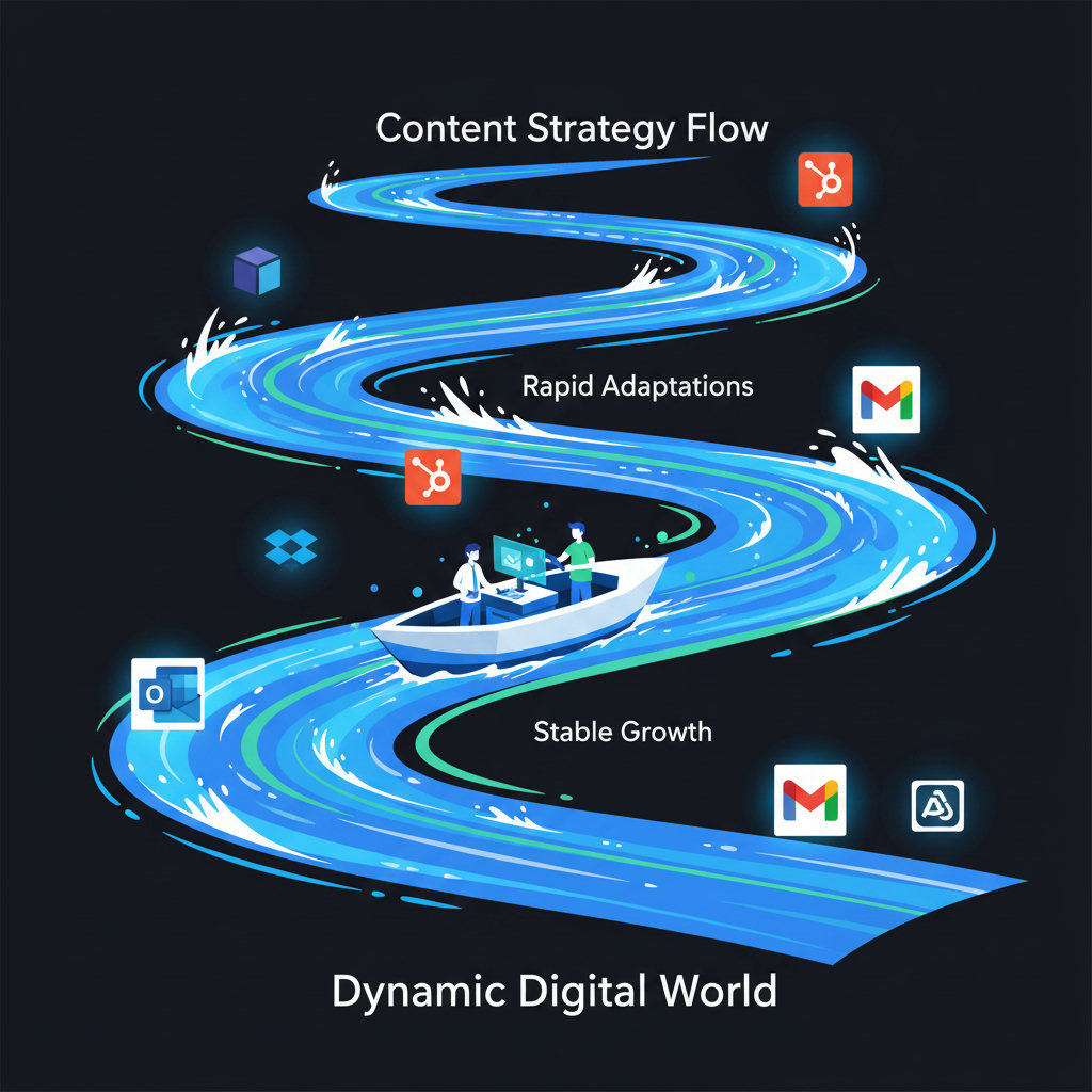 A visual representation of the content strategy as a flowing river with rapids and calm waters, symbolizing the dynamic and ever-changing nature of the digital world. The image could show a boat, representing a business, navigating these waters.