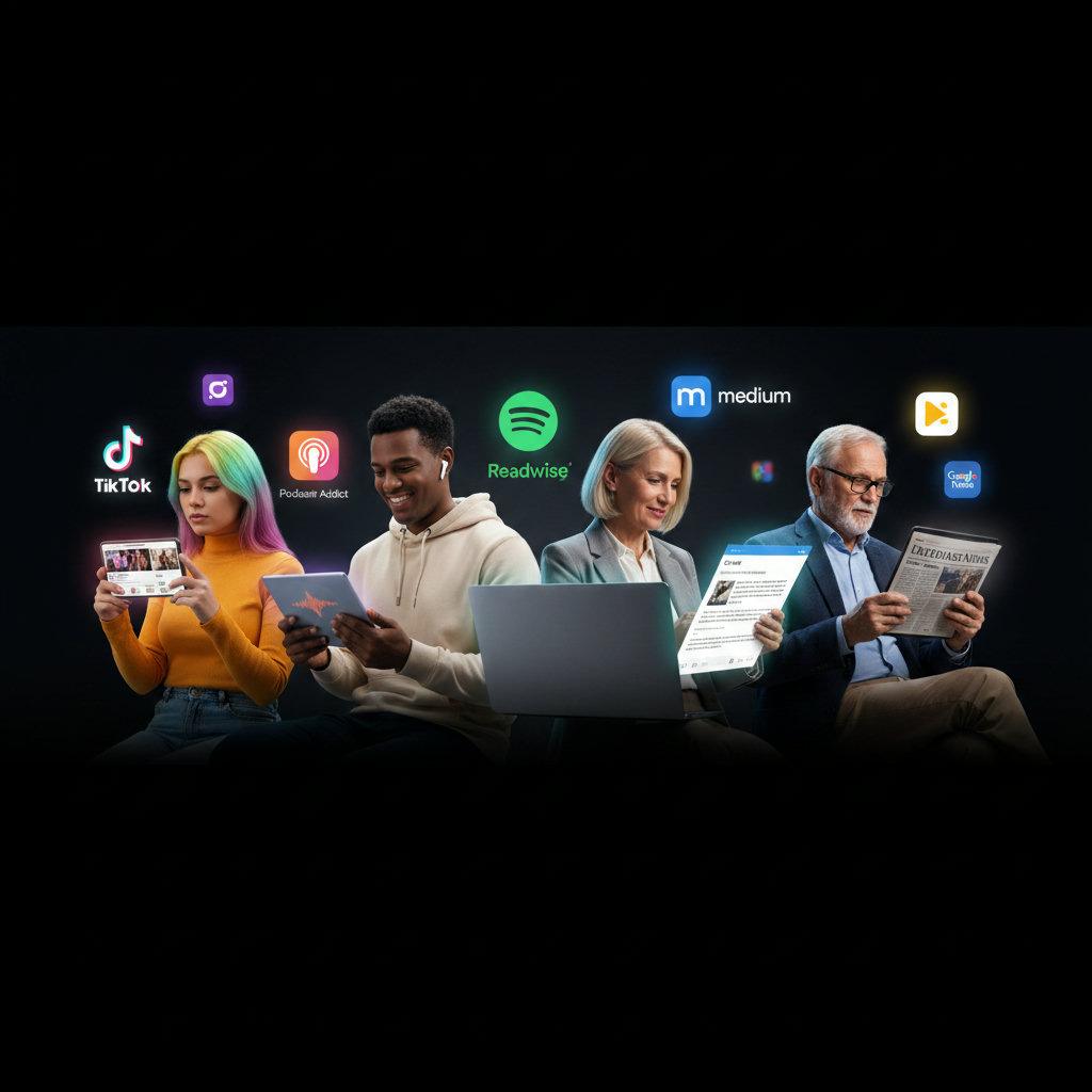 An image illustrating different generations (e.g., Gen Z, Millennials, Gen X, Baby Boomers) interacting with various forms of content, such as short-form video, podcasts, and in-depth articles, to represent audience shifts and diverse preferences.