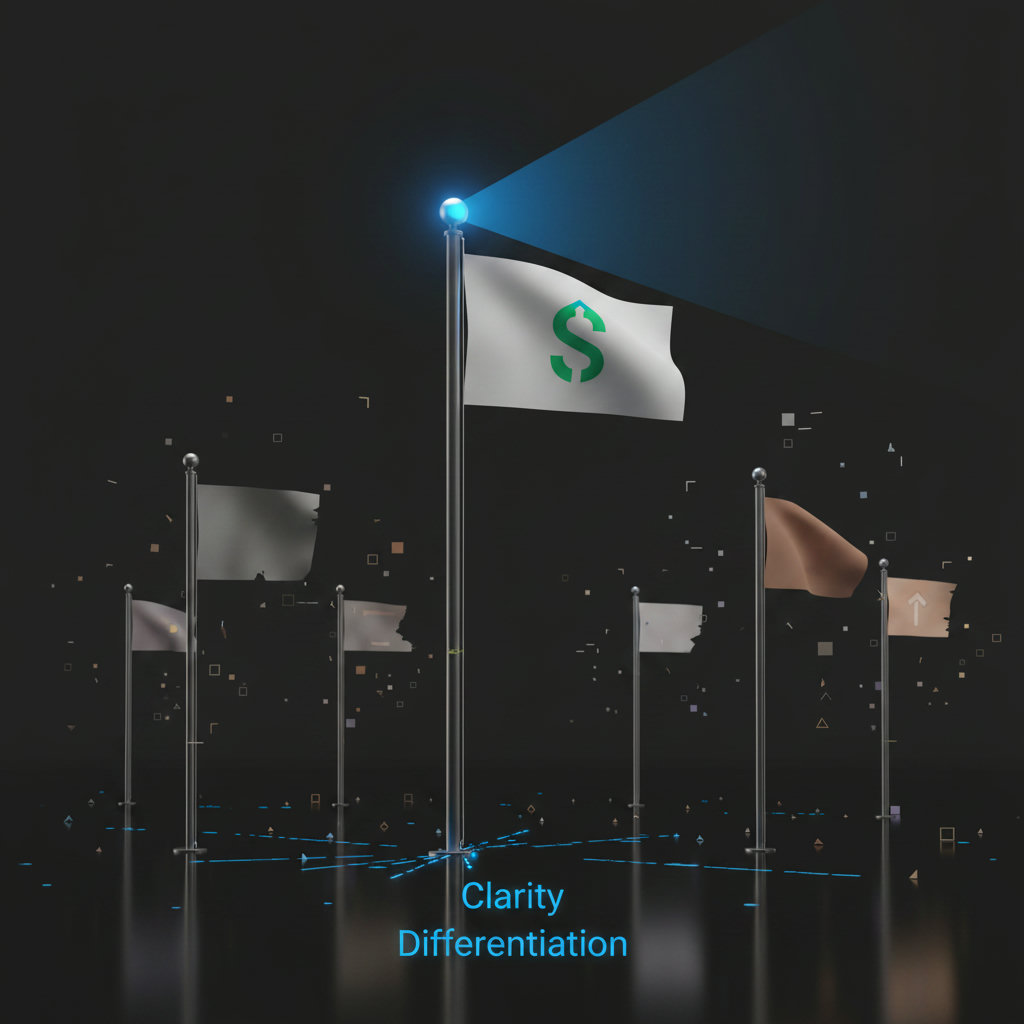 A visual metaphor comparing a brand's unique selling points (USPs) and brand messaging to a distinct flag or beacon, standing out clearly from other flags or background clutter, emphasizing clarity and differentiation.