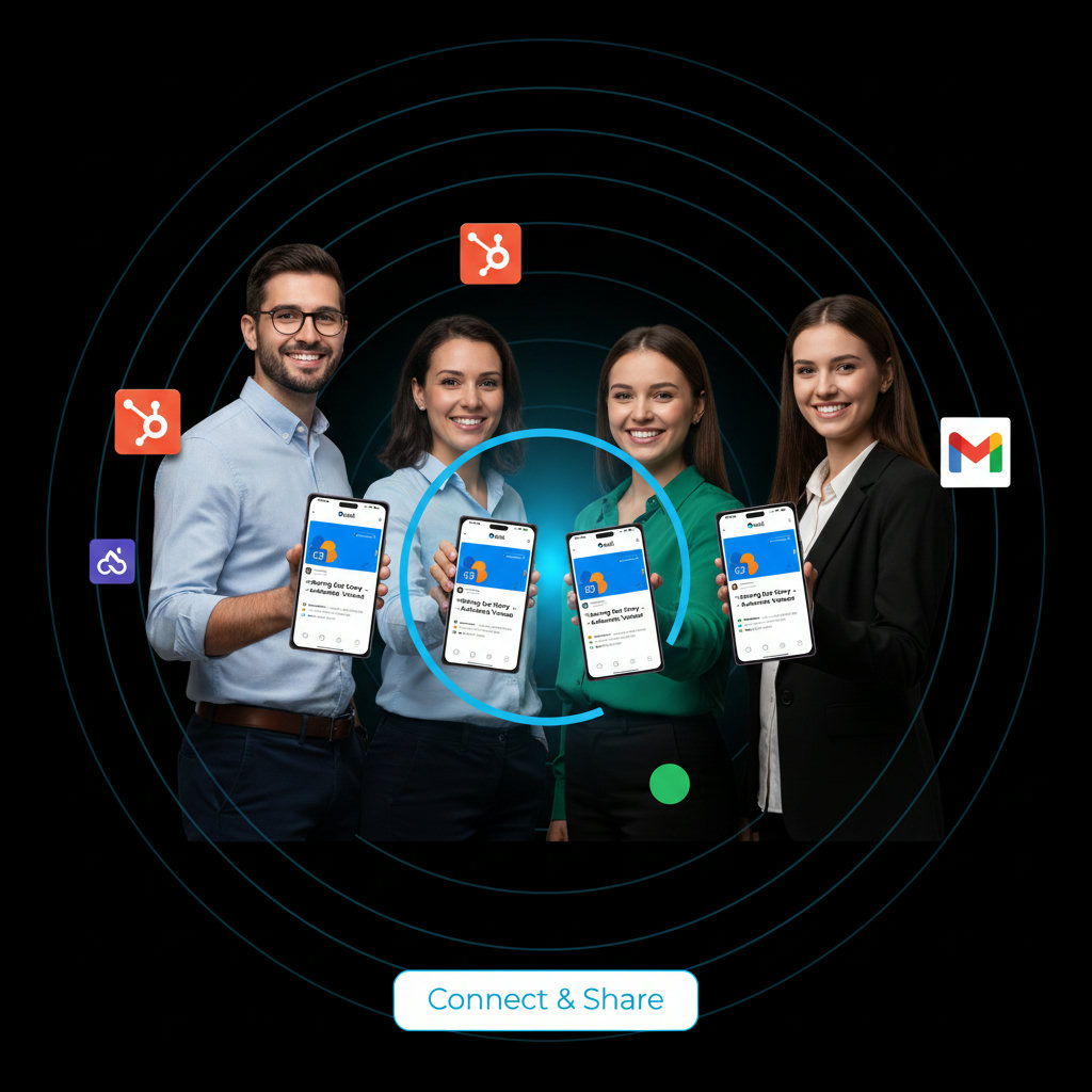 A group of diverse, smiling employees actively engaging with digital devices, perhaps sharing company content on social media, symbolizing 'authentic voices' and 'human element in branding.' The image should convey trust and connection.