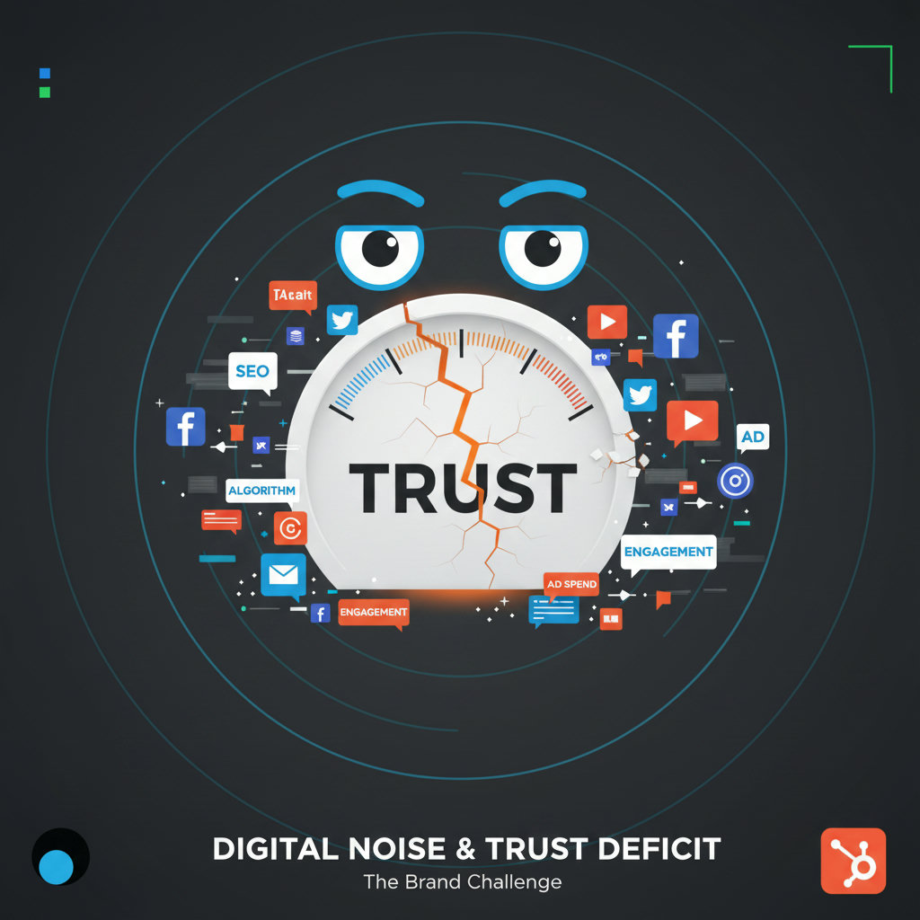 A bustling digital landscape filled with various marketing icons (social media logos, ad banners, SEO terms) but with a clear visual emphasis on a 'trust deficit' - perhaps a large, cracked trust meter or skeptical eyes overlooking the noise. This represents 'Digital Noise & Trust Deficit' and the challenge brands face.