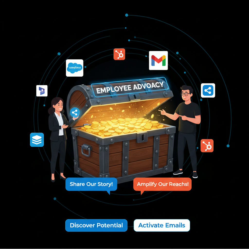 A visual metaphor for 'untapped resource' – perhaps a gleaming, unopened treasure chest labeled 'Employee Advocacy' with employees nearby, hinting at its potential. It should convey discovery and strategic value.