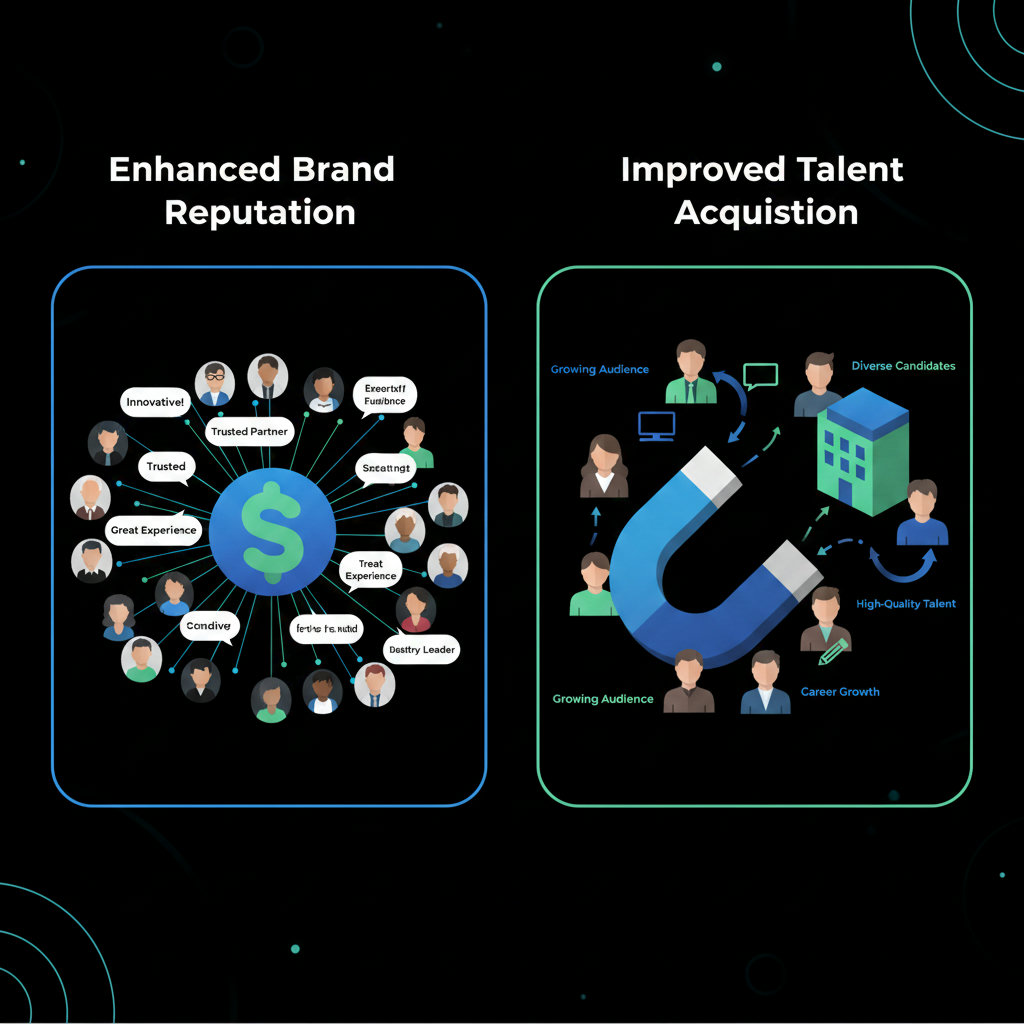 A compelling infographic or split image showcasing 'Enhanced Brand Reputation' and 'Improved Talent Acquisition.' One side could show a strong brand logo surrounded by positive sentiment and a growing audience. The other side could depict amagnet attracting diverse, high-quality candidates to a company. This highlights the dual benefits.