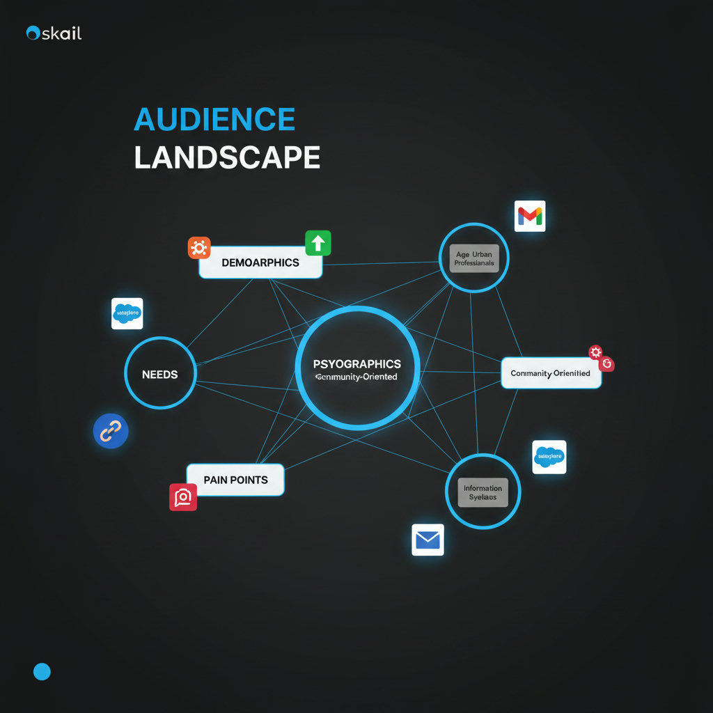 A visual representation of an audience landscape with diverse personas, highlighting demographics, psychographics, needs, and pain points as interconnected elements.