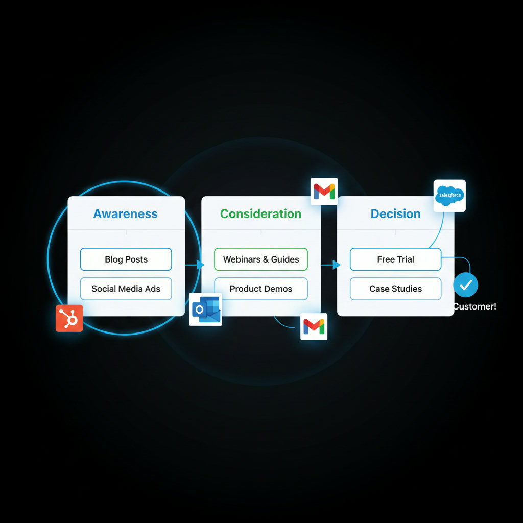 A clear, intuitive infographic depicting the audience journey mapping process, showing distinct stages like awareness, consideration, and decision, with relevant content types associated with each stage.