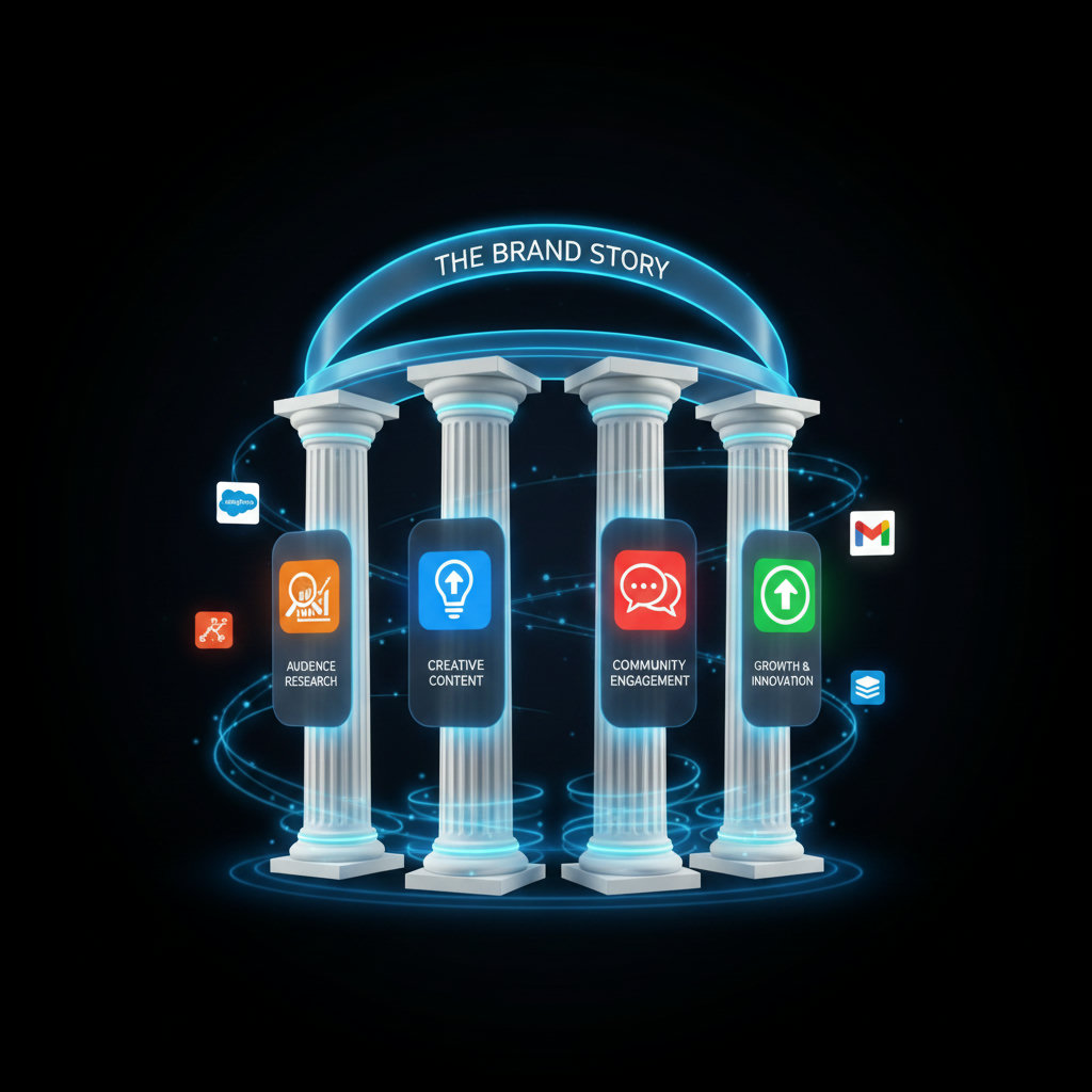 A visual metaphor of content pillars as strong, majestic columns supporting the brand story, with each pillar representing core themes aligned with brand values and audience interests.