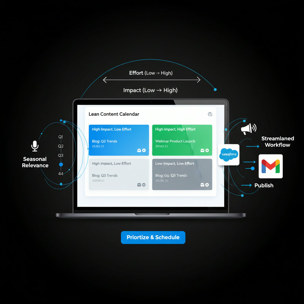 An engaging infographic or diagram illustrating the lean content calendar, emphasizing prioritization based on impact vs. effort, seasonal relevance, and a streamlined workflow.