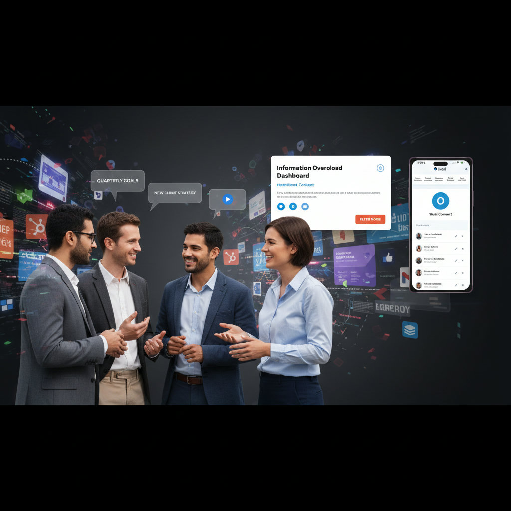 A diverse group of people engaged in a lively conversation amidst a blur of digital noise and advertisements, representing the