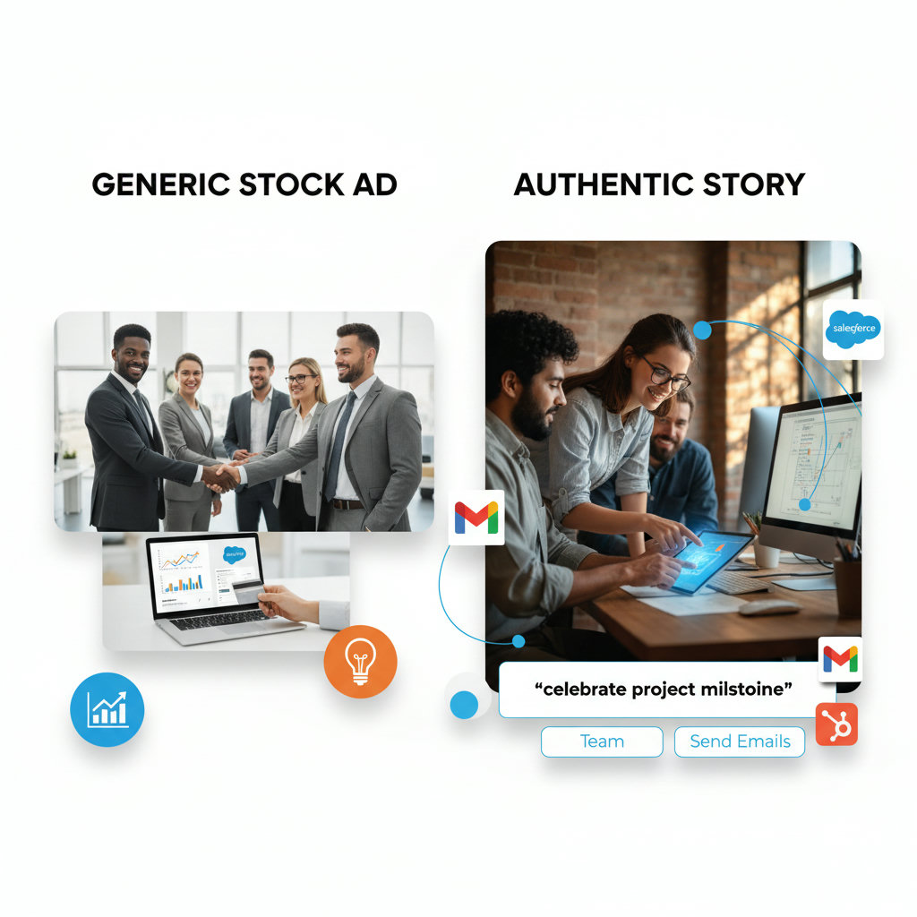 A split image: one side shows a traditional, generic advertisement with stock photos, while the other side depicts a heartfelt, human-centric story unfolding, maybe with genuine interactions or behind-the-scenes glimpses. This illustrates the contrast between inauthentic and authentic marketing.