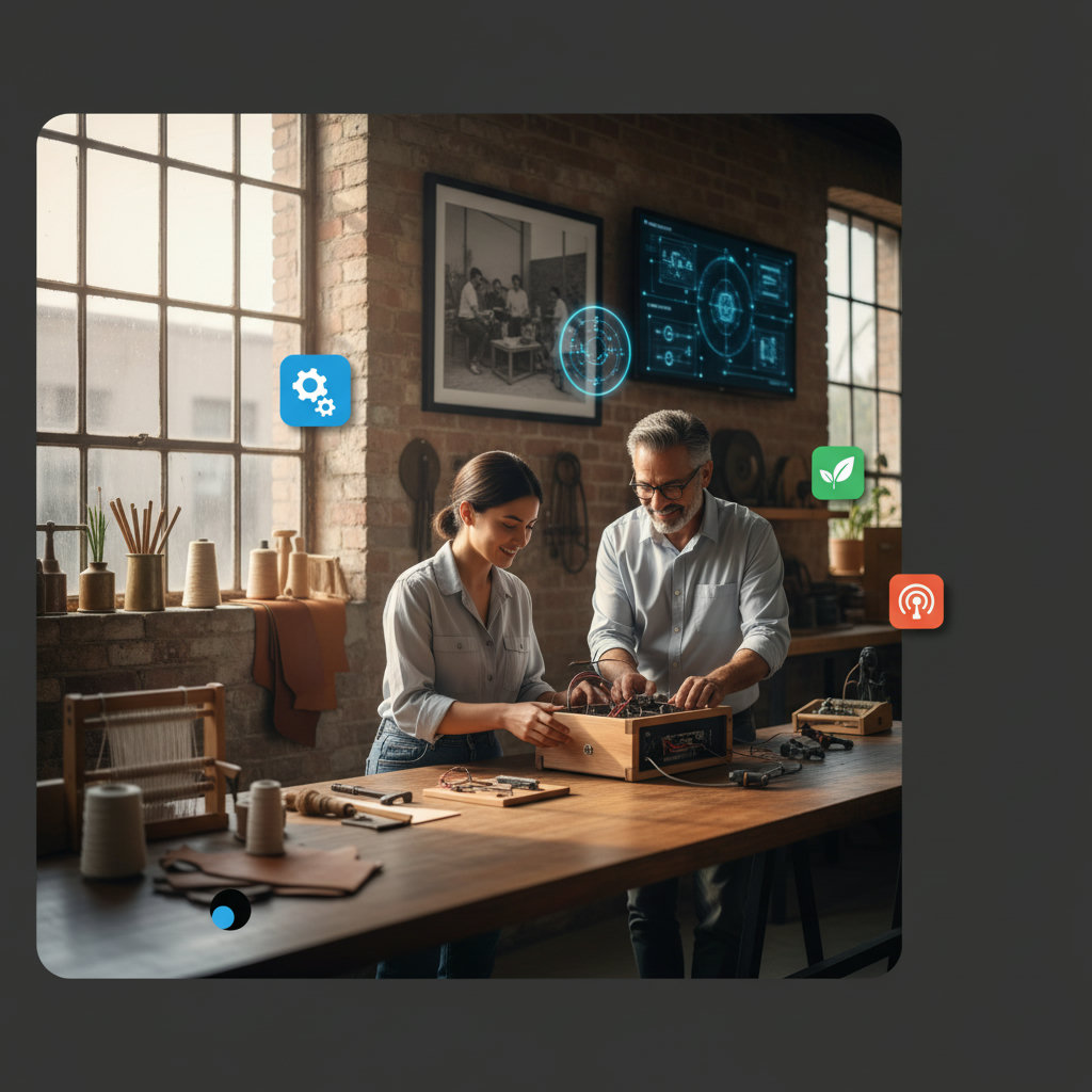 A hands-on, artisanal scene where individuals are passionately creating a product, surrounded by elements that hint at the brand's unique origin story and purpose (e.g., specific tools, natural materials, a historical photo in the background).