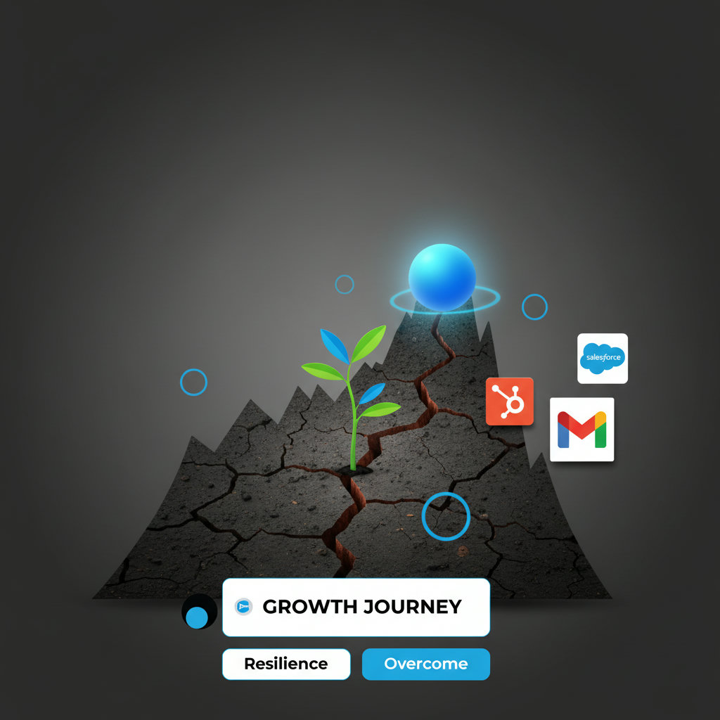 A visual metaphor for growth despite challenges: perhaps a sapling pushing through cracked earth or a person overcoming an obstacle, symbolizing resilience and vulnerability in a brand's journey.