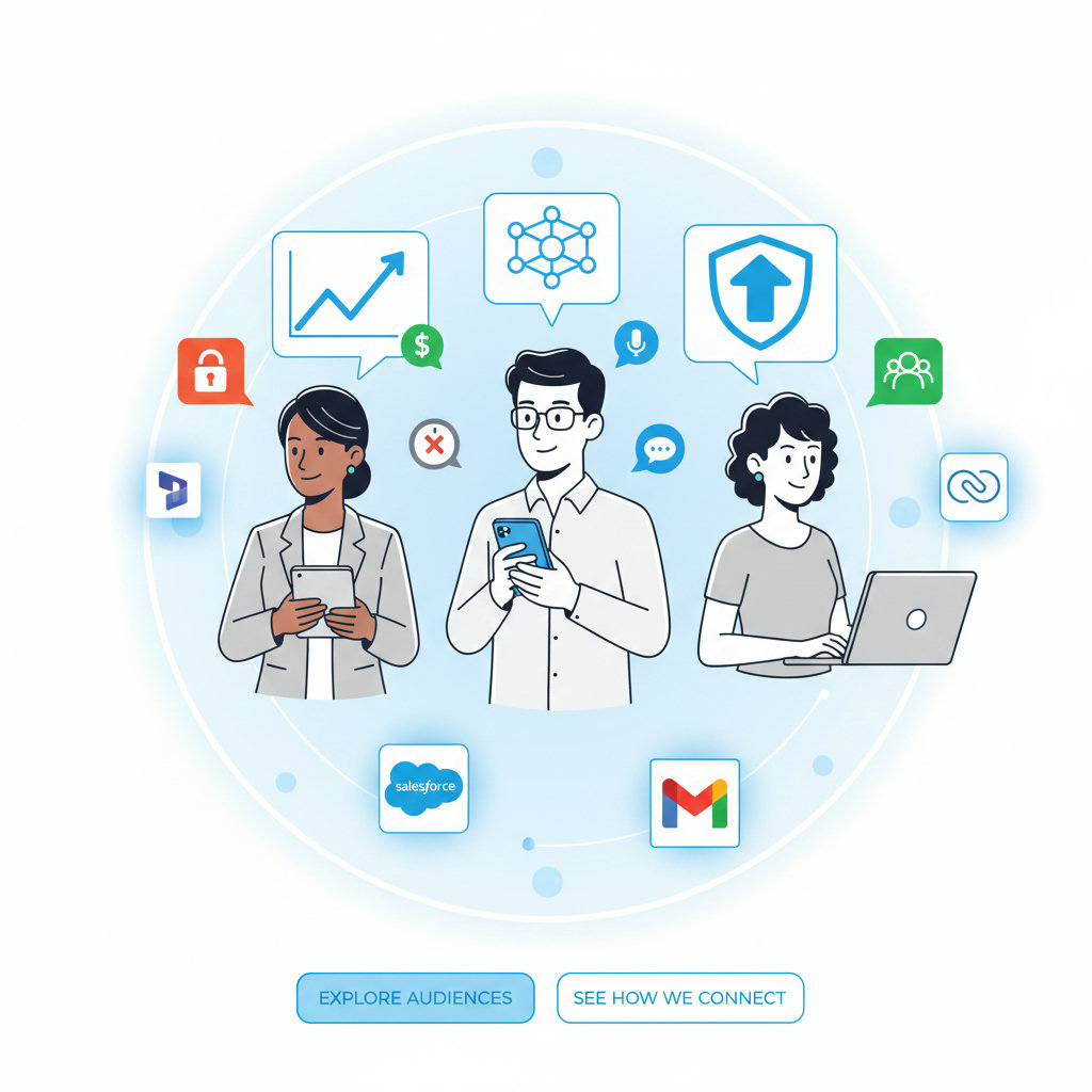 An image depicting various audience archetypes as diverse, vibrant characters, each with thought bubbles or icons representing their unique struggles, ambitions, and fears.