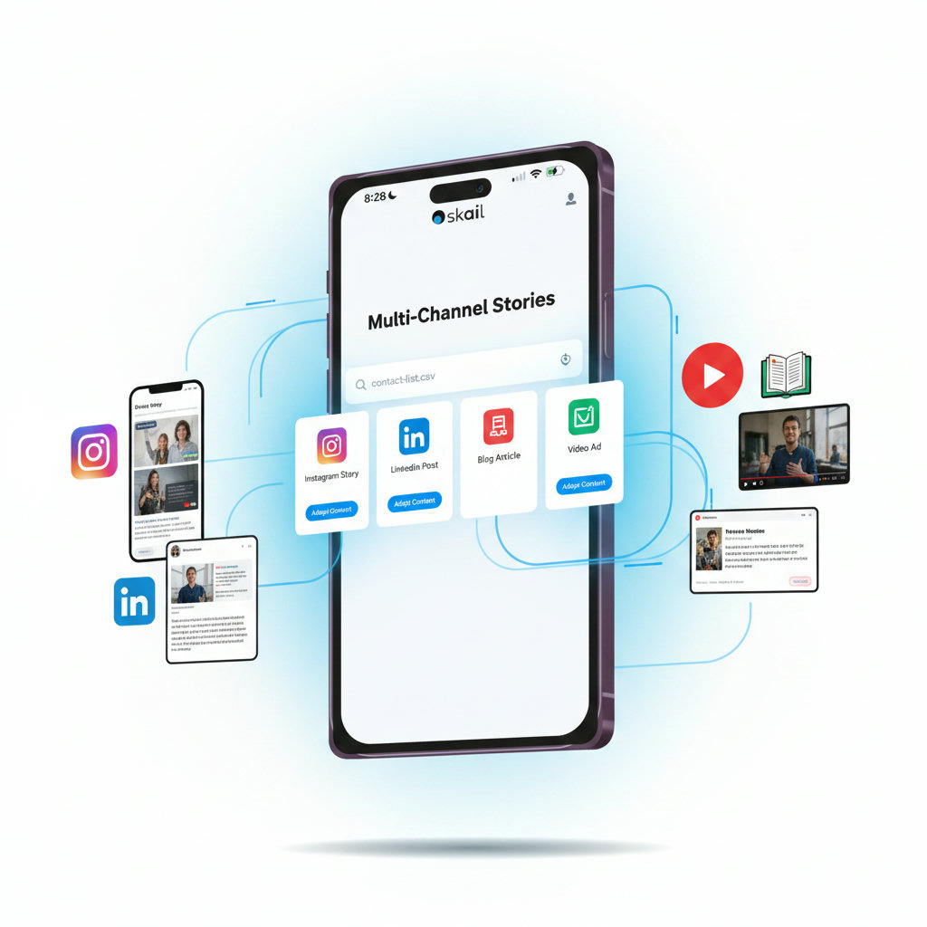 A dynamic visual showcasing various digital channels (e.g., social media icons, blog posts, video platforms) with brand stories flowing through them, adapted for each platform, representing multi-channel distribution.