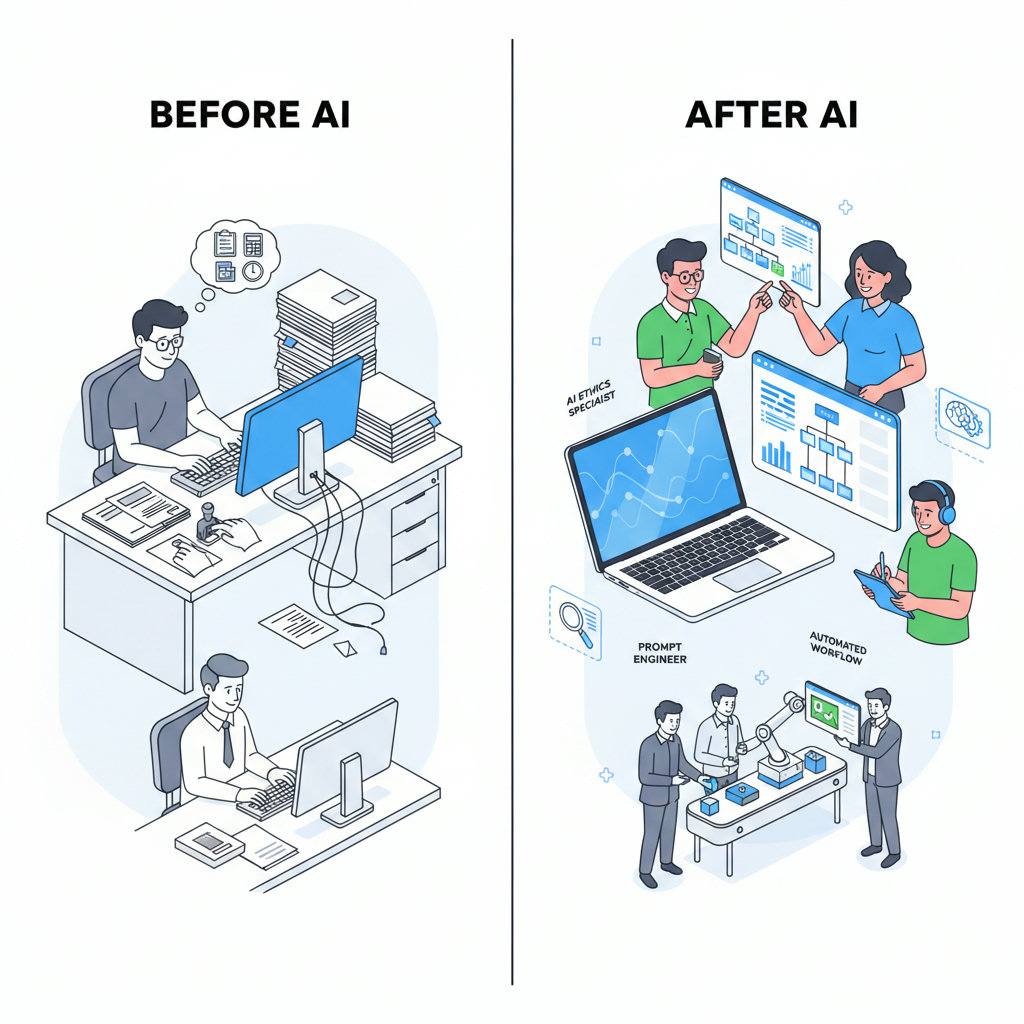 An image depicting the impact of AI on traditional roles, showing both job displacement (e.g., repetitive tasks being automated) and new job creation (e.g., AI trainers, prompt engineers, ethical AI specialists, data annotators). This could be a before-and-after or a split image.