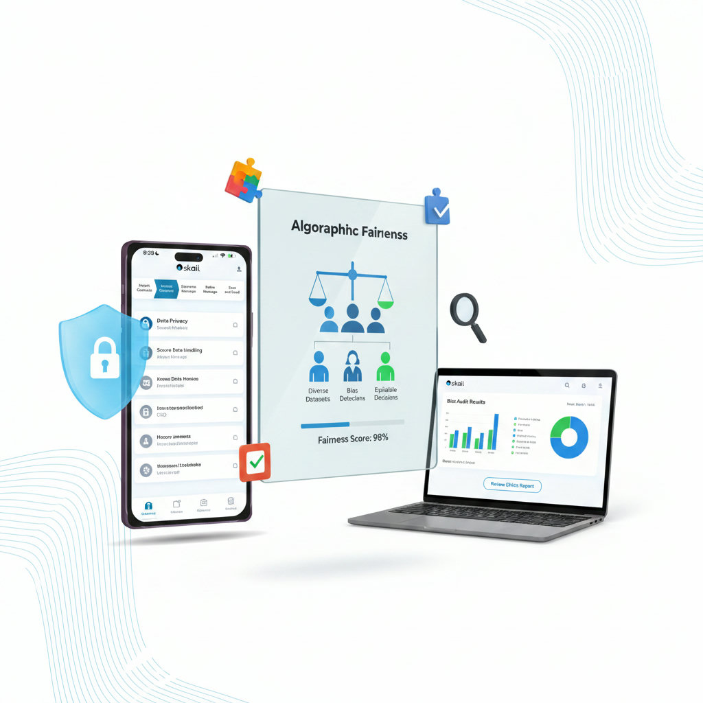 A visual concept illustrating ethical considerations in AI, focusing on data privacy (e.g., secure data handling, privacy shields) and algorithmic fairness (e.g., diverse datasets, bias detection, equitable decision-making).