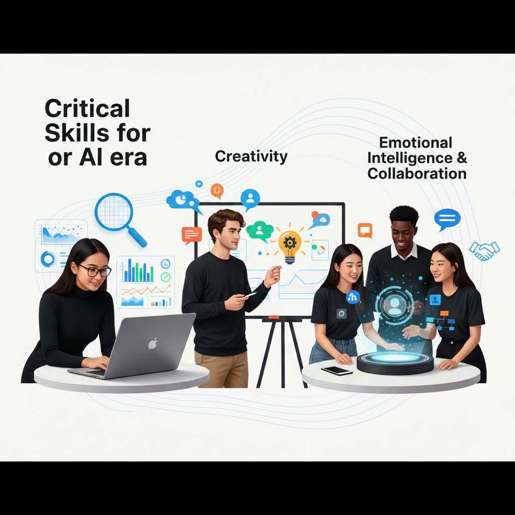 An image highlighting essential skills for the AI era: critical thinking (e.g., a person analyzing complex data), creativity (e.g., a person brainstorming innovative ideas), and emotional intelligence/collaboration (e.g., a team effectively communicating and working together).