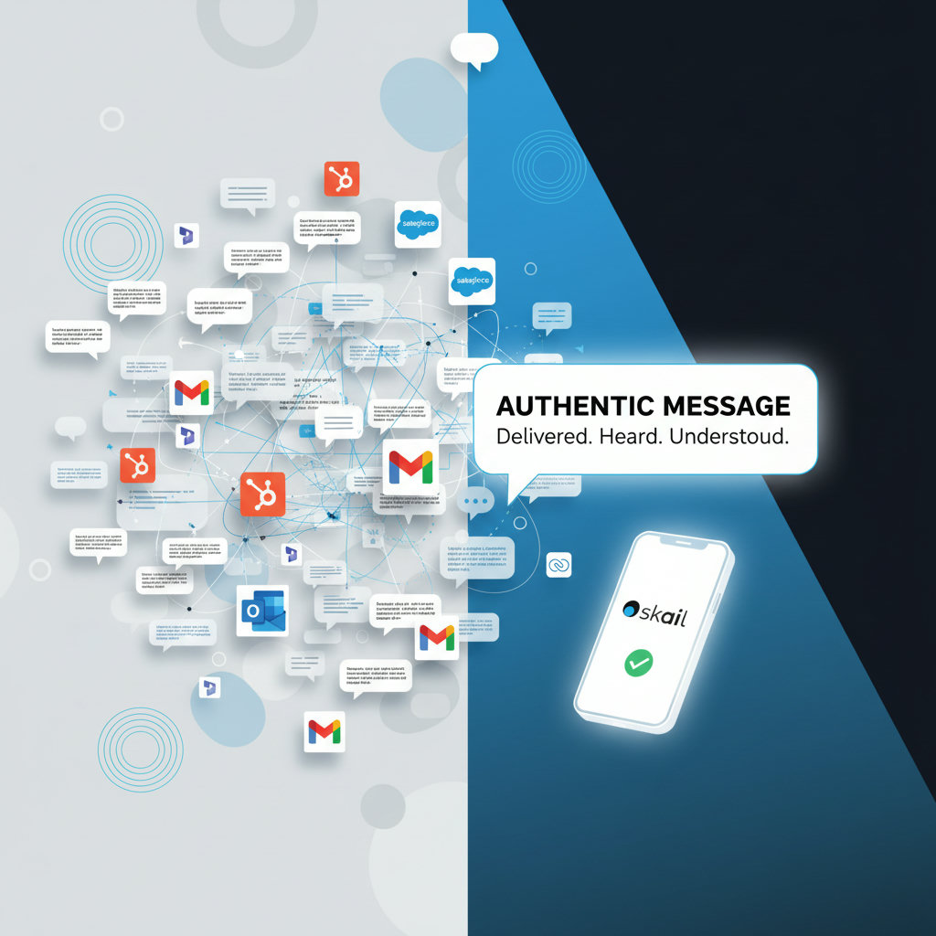 An illustration of various digital communication channels (social media icons, email, chat bubbles) creating a chaotic, noisy environment, with a single, clear, authentic message cutting through it like a spotlight or a beacon.