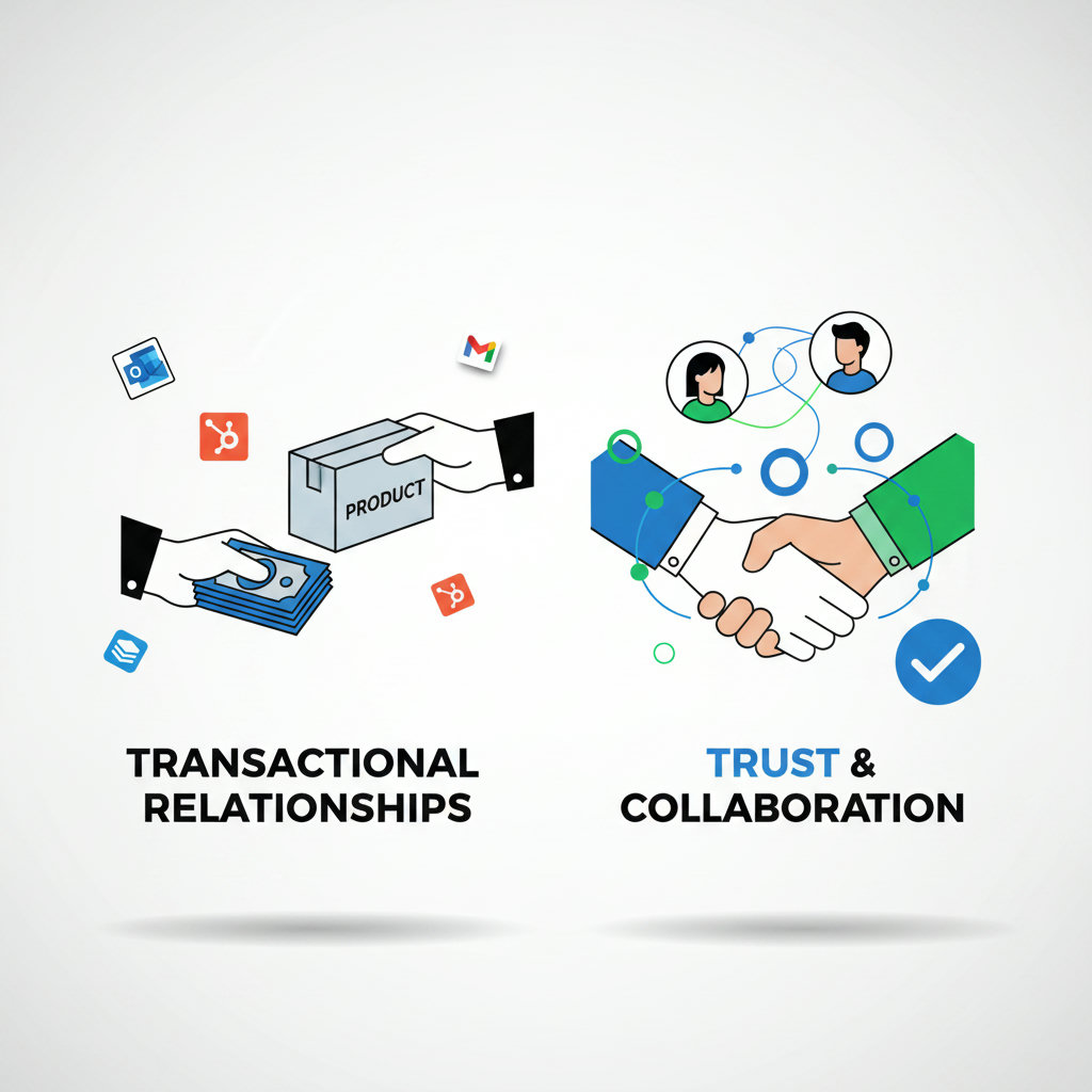 A visual metaphor contrasting a transactional relationship (e.g., a hand exchanging money for a product) with a connected, loyal relationship (e.g., two hands clasped, or people collaborating). This could include elements representing trust and shared values.