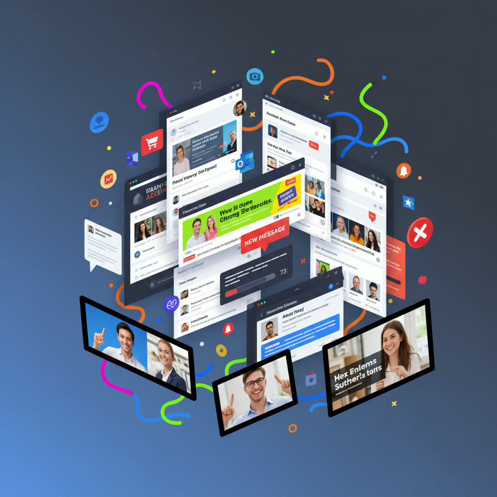 A visual representation of a cluttered digital space, perhaps with many overlapping advertisements and social media feeds, to convey the 'noisy digital landscape.'