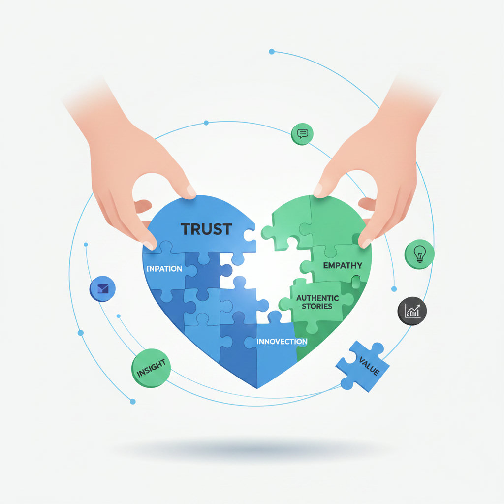 A visual metaphor for building trust and sparking emotion, perhaps showing hands piecing together a heart or a puzzle with words like 'trust' and 'emotion' on the pieces, representing the authentic stories.