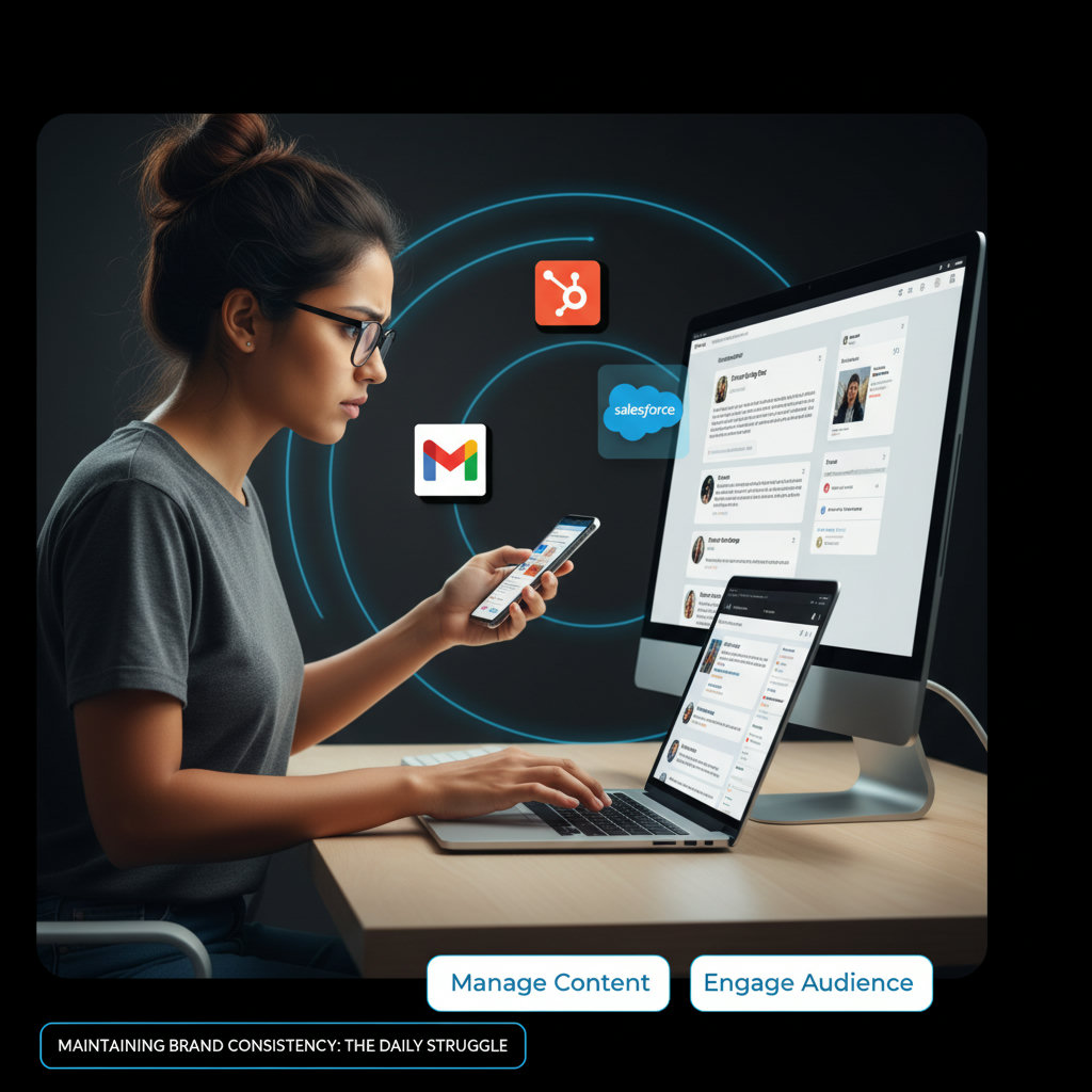 A person juggling multiple tasks like social media, emails, and content creation, looking stressed but determined. This represents the struggle marketers face in maintaining brand consistency.