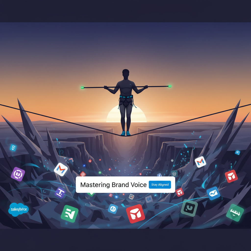 A tightrope walker precariously balancing over a canyon filled with competitive elements, symbolizing the challenge of maintaining consistent brand voice amidst market pressures.