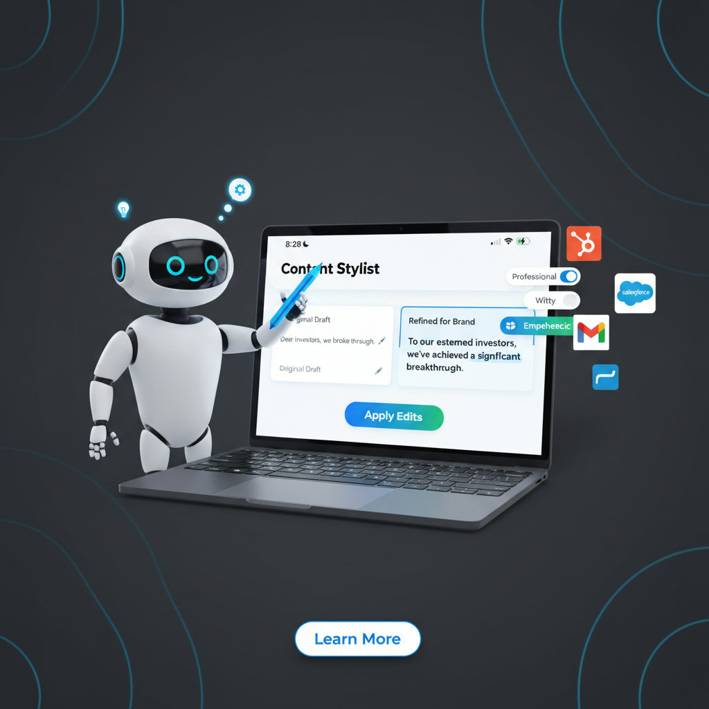 A stylized AI robot or digital assistant acting as a 'stylist' or 'editor' for written content, adjusting text to match a brand's personality, tone, and vocabulary.