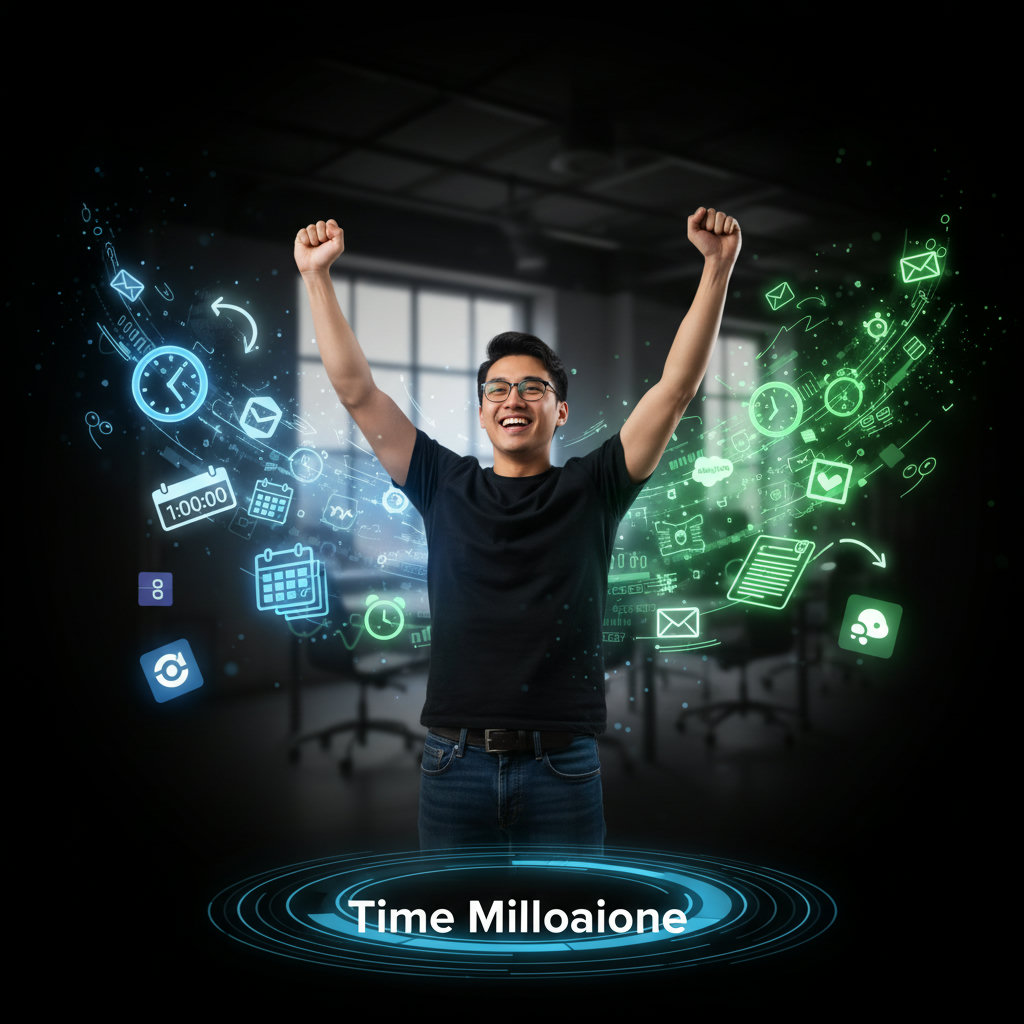 An individual celebrating, surrounded by symbols of saved time (e.g., clocks, calendars) and successful, on-brand content flowing effortlessly, representing the 'time millionaire' concept.