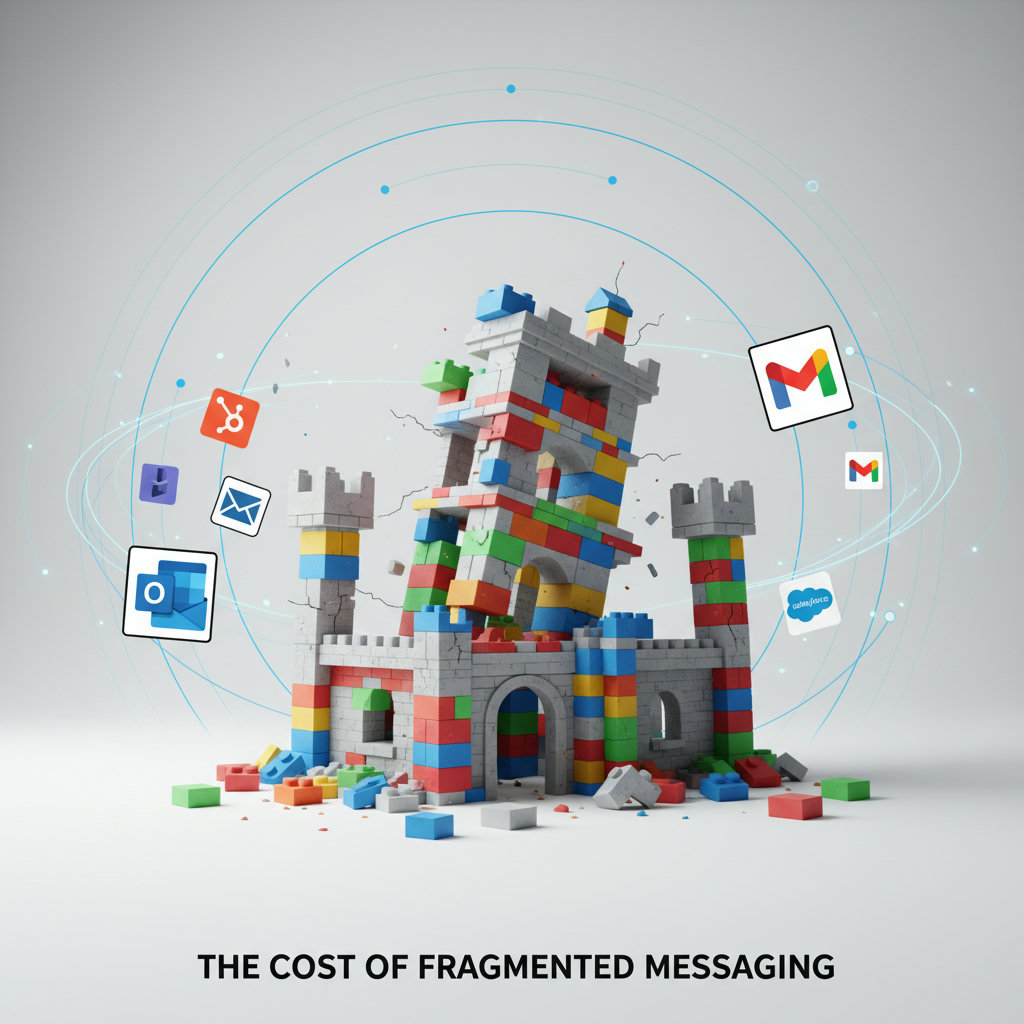 A visual metaphor depicting fragmented or inconsistent messaging, perhaps using different colored bricks to build a haphazard castle, or a jumbled puzzle representing confused customers. This would illustrate the 'cost of fragmented messaging' mentioned in the article.