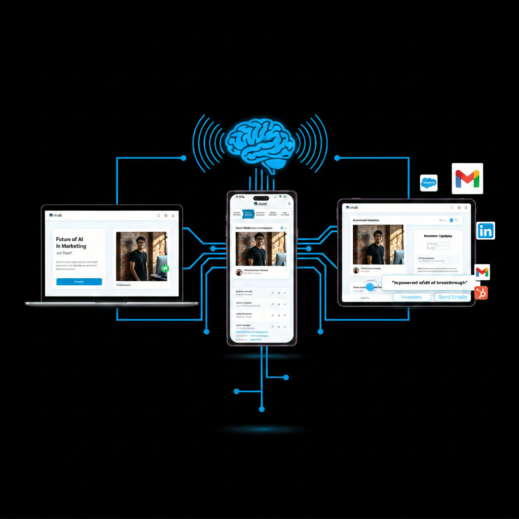 An image showing a seamless workflow where AI helps maintain brand consistency across various channels (social media, email, blog posts). This could be depicted by a harmonious flow of content originating from a central AI brain, consistently styled across different digital platforms.