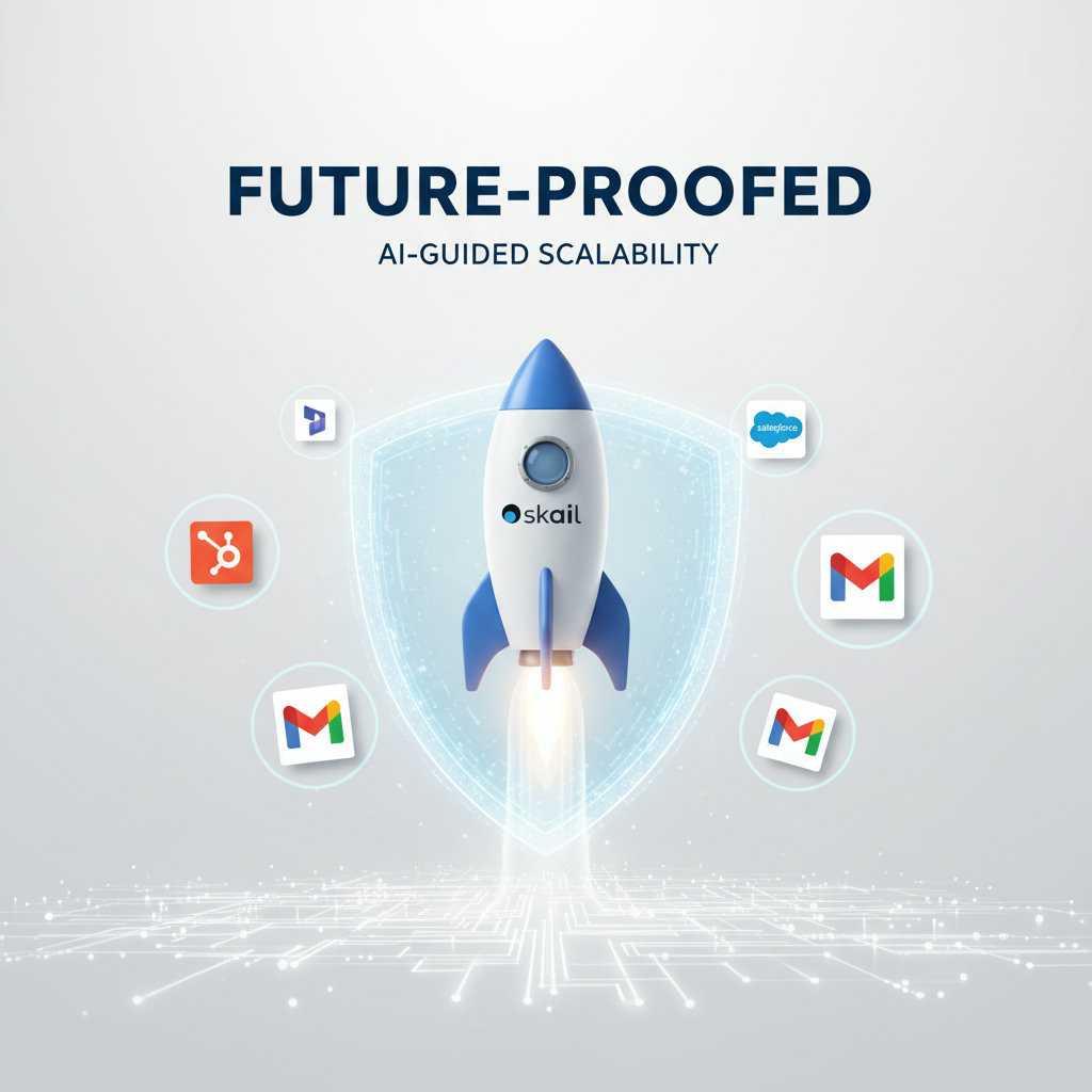 A representation of 'future-proofing' a brand with AI. This could involve a brand logo or identity being protected by a futuristic AI shield, or a brand rocket ship consistently navigating a digital landscape with AI guidance, symbolizing scalability and sustained brand identity.