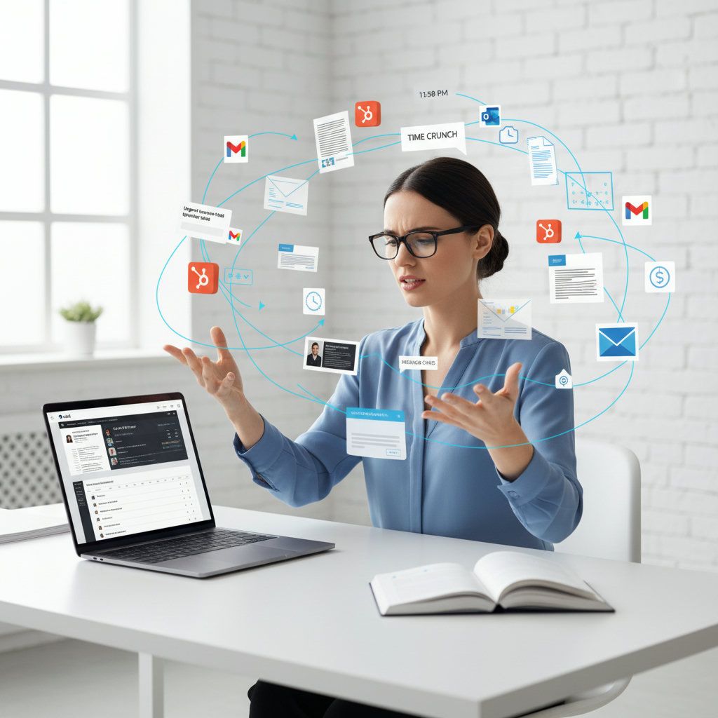 A marketer or content creator juggling multiple tasks like drafting emails, social media posts, and white papers, surrounded by a chaotic whirlwind of various content types, symbolizing the struggle of inconsistent messaging and time constraints.
