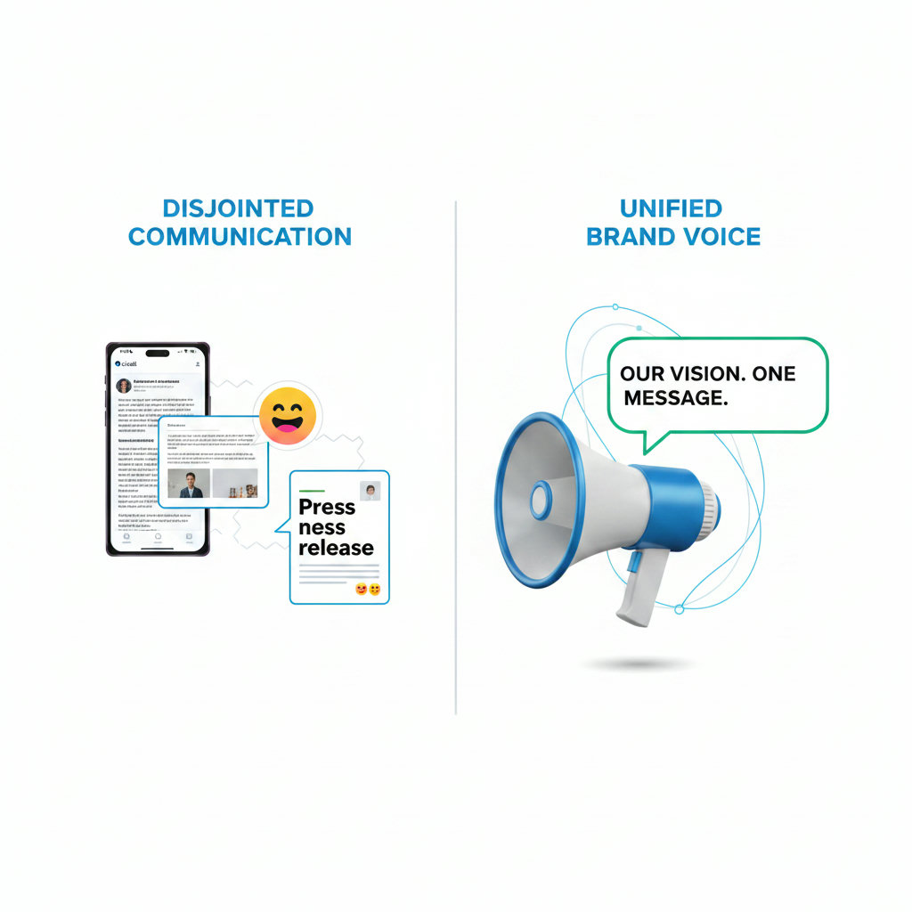 A split image or infographic showing disjointed communication on one side (e.g., a formal email, a playful social post, a sterile press release), and on the other side, a unified, consistent brand voice represented by a clear, recognizable megaphone or speech bubble emanating a single, coherent message.