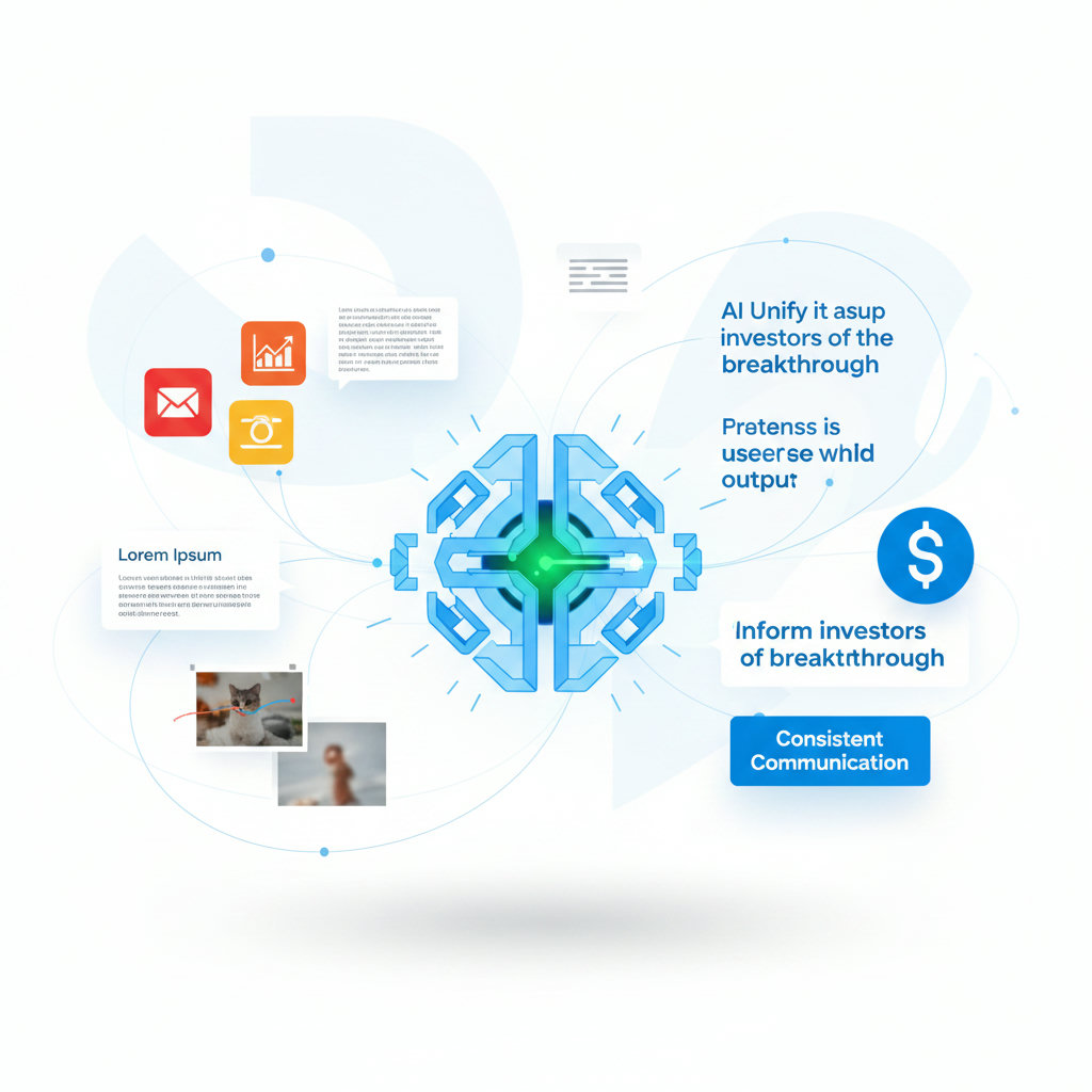 An AI robot or digital entity analyzing various forms of content (text, images, video) and then seamlessly transforming them to align with a central brand voice. The AI could be depicted as a 'brain' or 'engine' that processes information and outputs perfectly consistent brand communication.